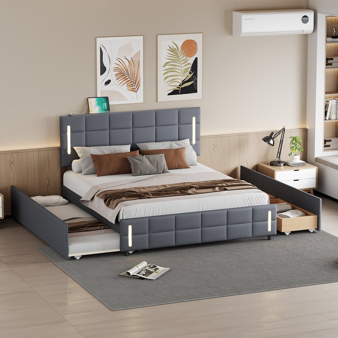 Queen Size Upholstered Platform Bed With Trundle And Drawers, Gray Queen Gray Upholstered