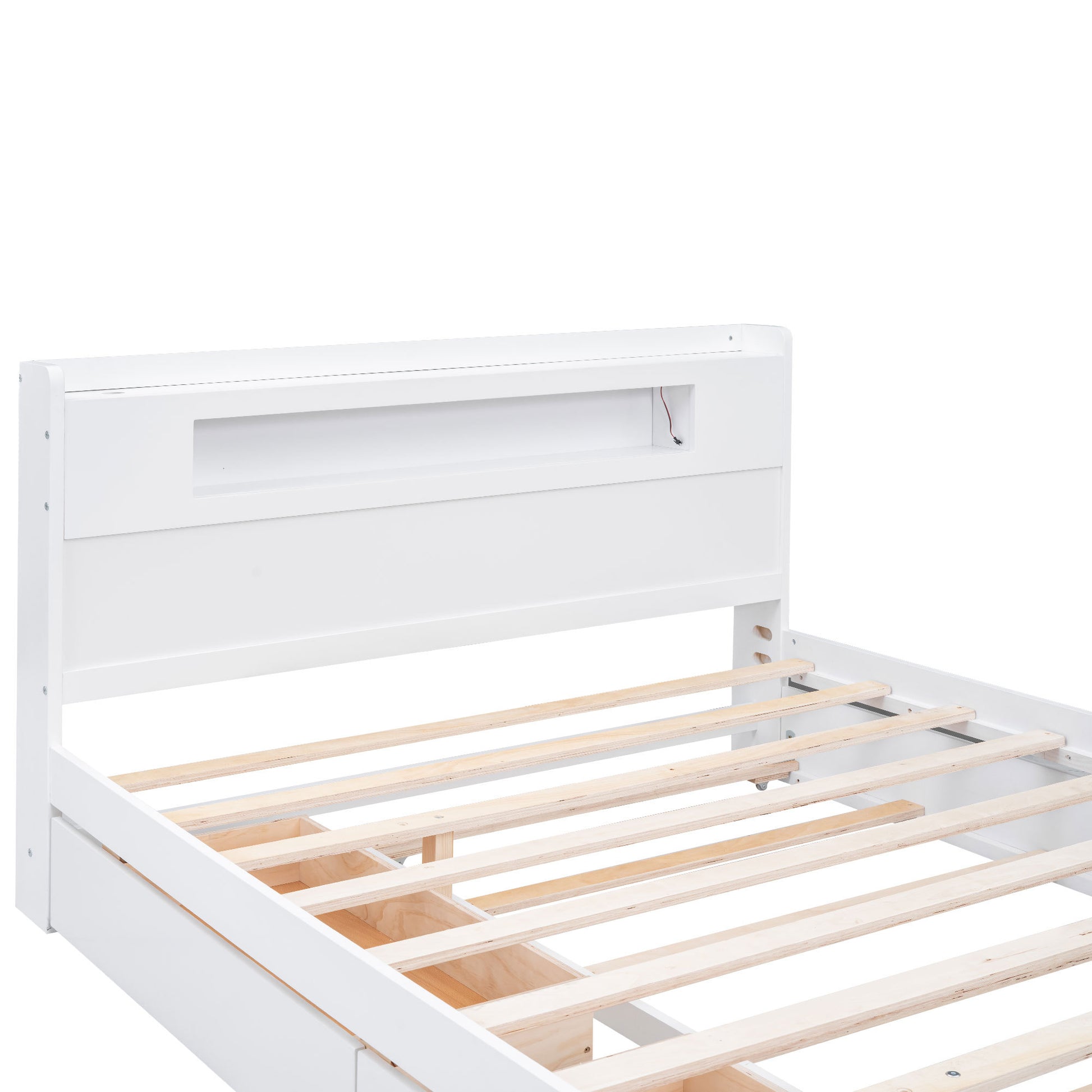 Queen Size Wood Storage Platform Bed With Led, 2 Drawers And 1 Twin Size Trundle, White Box Spring Not Required Queen White Wood Bedroom Bed Frame Solid Wood Mdf