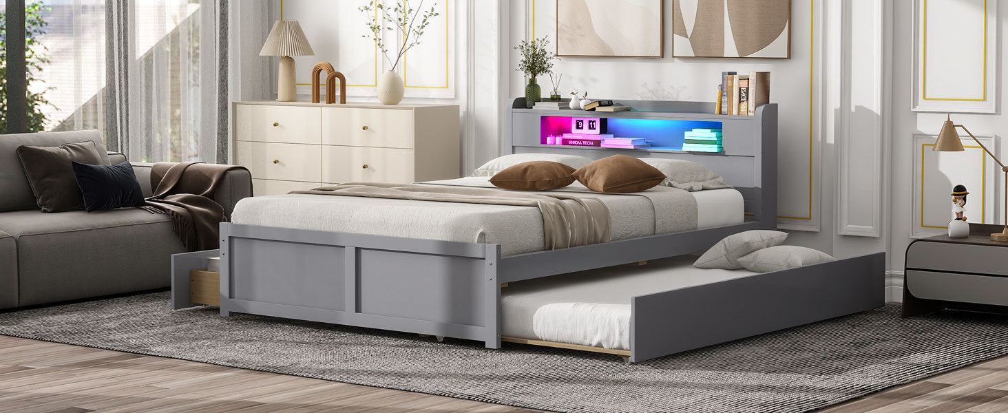 Queen Size Wood Storage Platform Bed With Led, 2 Drawers And 1 Twin Size Trundle, Gray Box Spring Not Required Queen Gray Wood Bedroom Bed Frame Solid Wood Mdf