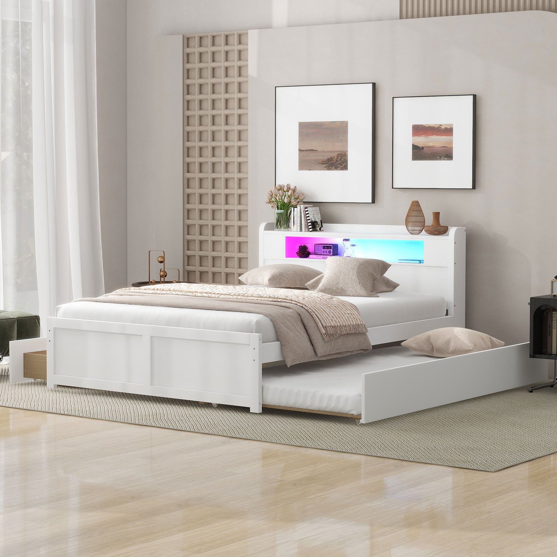 Queen Size Wood Storage Platform Bed With Led, 2 Drawers And 1 Twin Size Trundle, White Box Spring Not Required Queen White Wood Bedroom Bed Frame Solid Wood Mdf