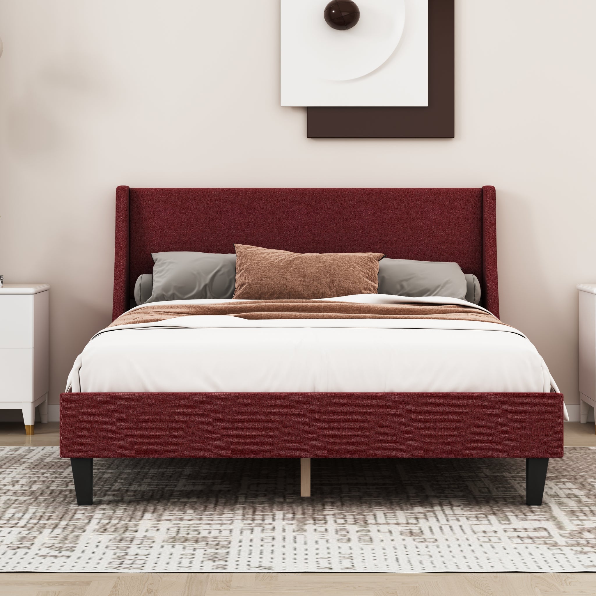 Full Size Bedframe Upholstered Bed Frame Platform, Non Adjustable Headboard Linen Fabric Headboard Wooden Strip Support No Box Spring Easy Assembly Mattress Base, Orange Full Red Bedroom Metal & Wood
