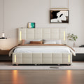 Queen Size Upholstered Platform Bed With Trundle And Drawers, Beige Queen Beige Upholstered