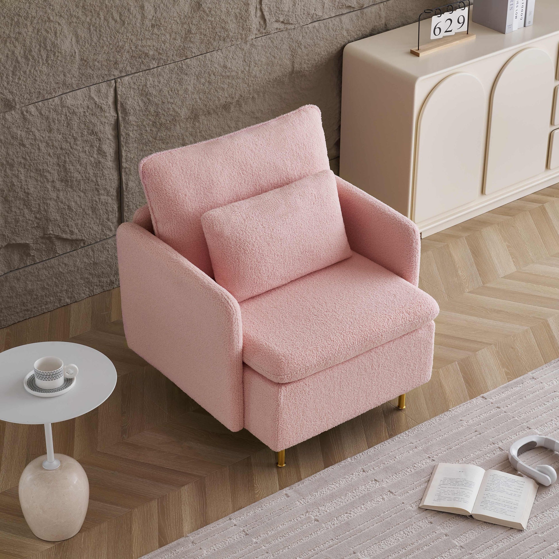 Modern Accent Chair, Sherpa Upholstered Cozy Comfy Armchair, Furry Reading Chair With Slim Armrest, Fuzzy Single Club Sofa Chairs For Living Room Bedroom Waiting Room Office Ivory Pink Foam Solid Wood