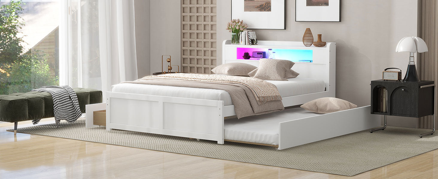 Queen Size Wood Storage Platform Bed With Led, 2 Drawers And 1 Twin Size Trundle, White Box Spring Not Required Queen White Wood Bedroom Bed Frame Solid Wood Mdf