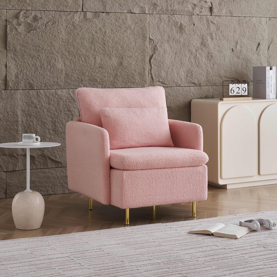 Modern Accent Chair, Sherpa Upholstered Cozy Comfy Armchair, Furry Reading Chair With Slim Armrest, Fuzzy Single Club Sofa Chairs For Living Room Bedroom Waiting Room Office Ivory Pink Foam Solid Wood
