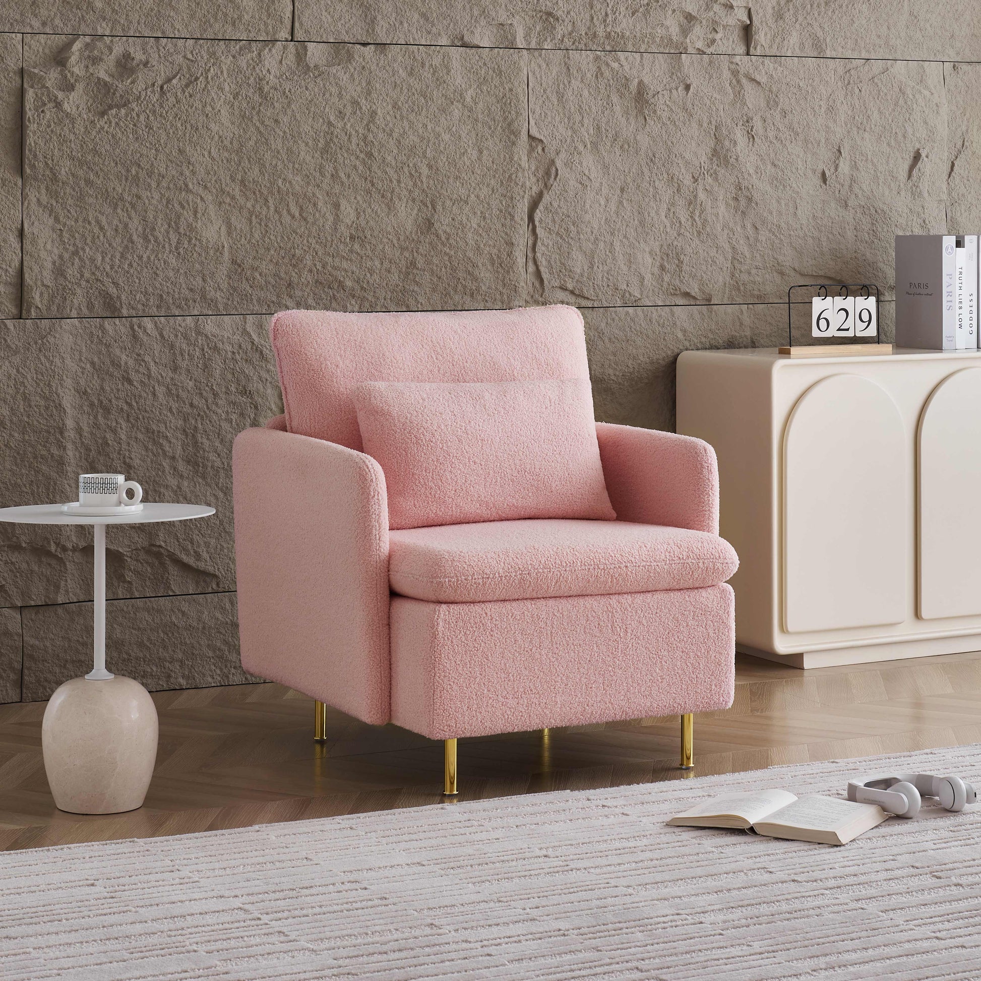 Modern Accent Chair, Sherpa Upholstered Cozy Comfy Armchair, Furry Reading Chair With Slim Armrest, Fuzzy Single Club Sofa Chairs For Living Room Bedroom Waiting Room Office Ivory Pink Foam Solid Wood