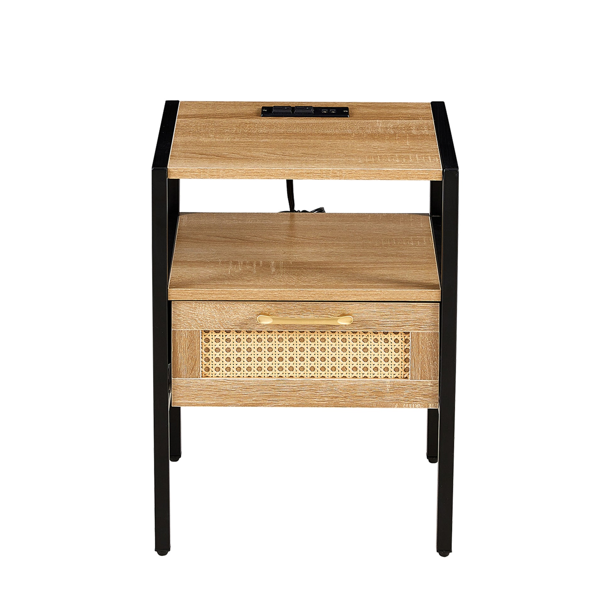 15.75" Rattan End Table With Power Outlet & Usb Portsmodern Nightstand With Drawer And Metal Legs, Side Table For Living Room, Bedroom,Natural 1 Pc Natural Mdf Metal