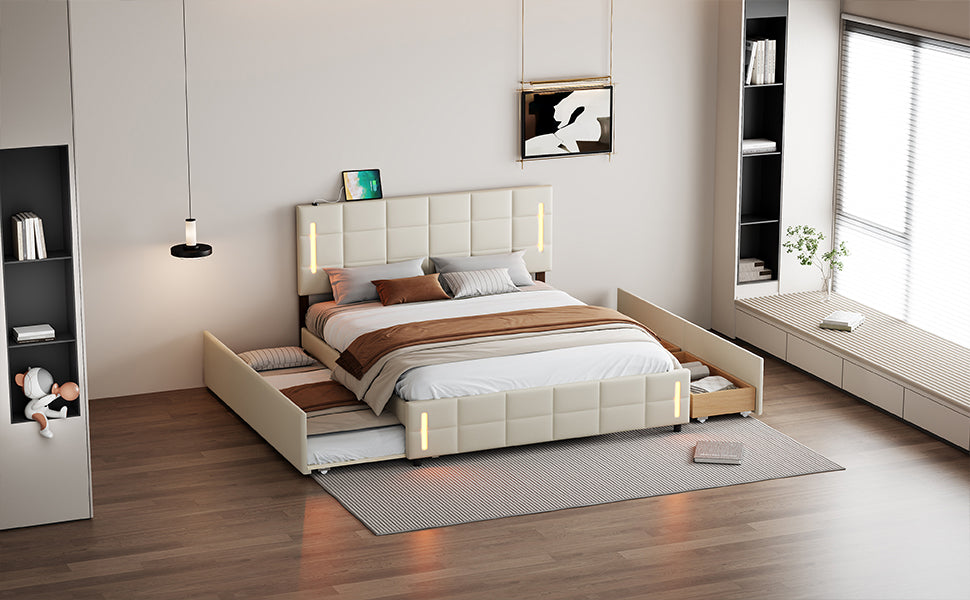 Queen Size Upholstered Platform Bed With Trundle And Drawers, Beige Queen Beige Upholstered