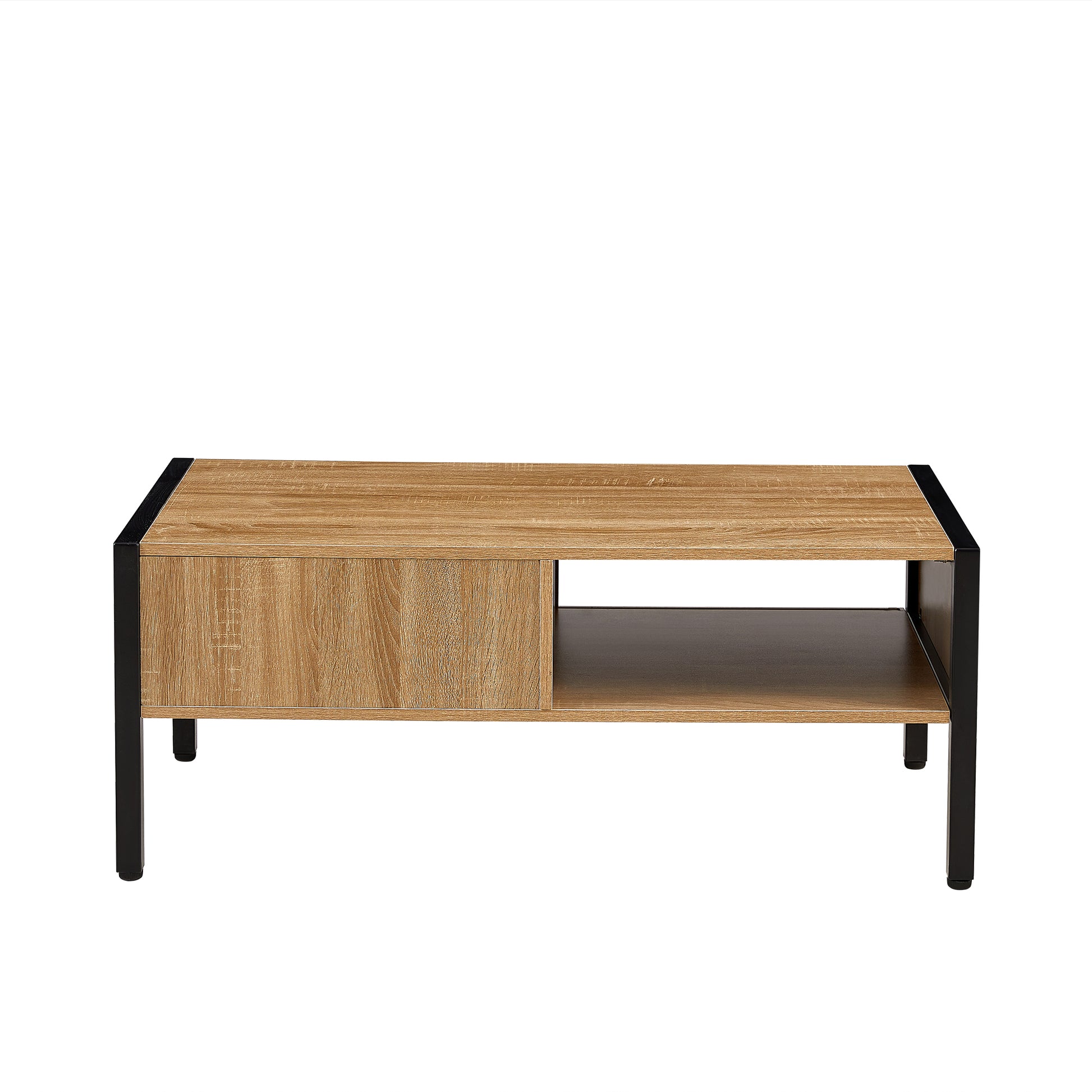 40.16" Rattan Coffee Table, Sliding Door For Storage, Metal Legs, Modern Table For Living Roomnatural Natural Mdf Metal