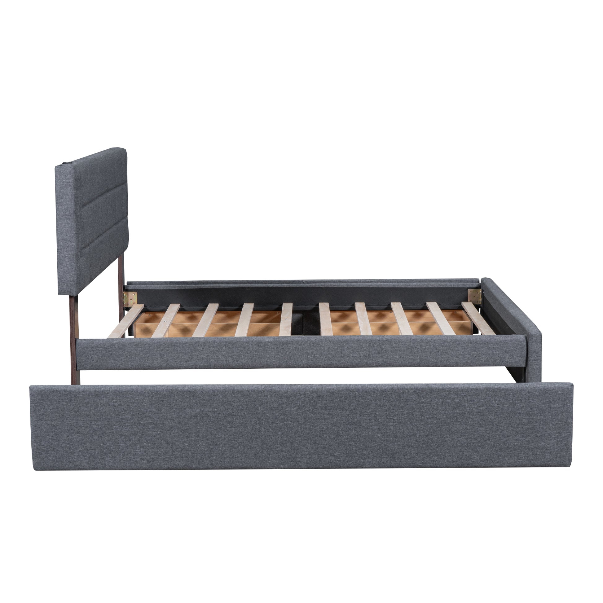 Queen Size Upholstered Platform Bed With Trundle And Drawers, Gray Queen Gray Upholstered