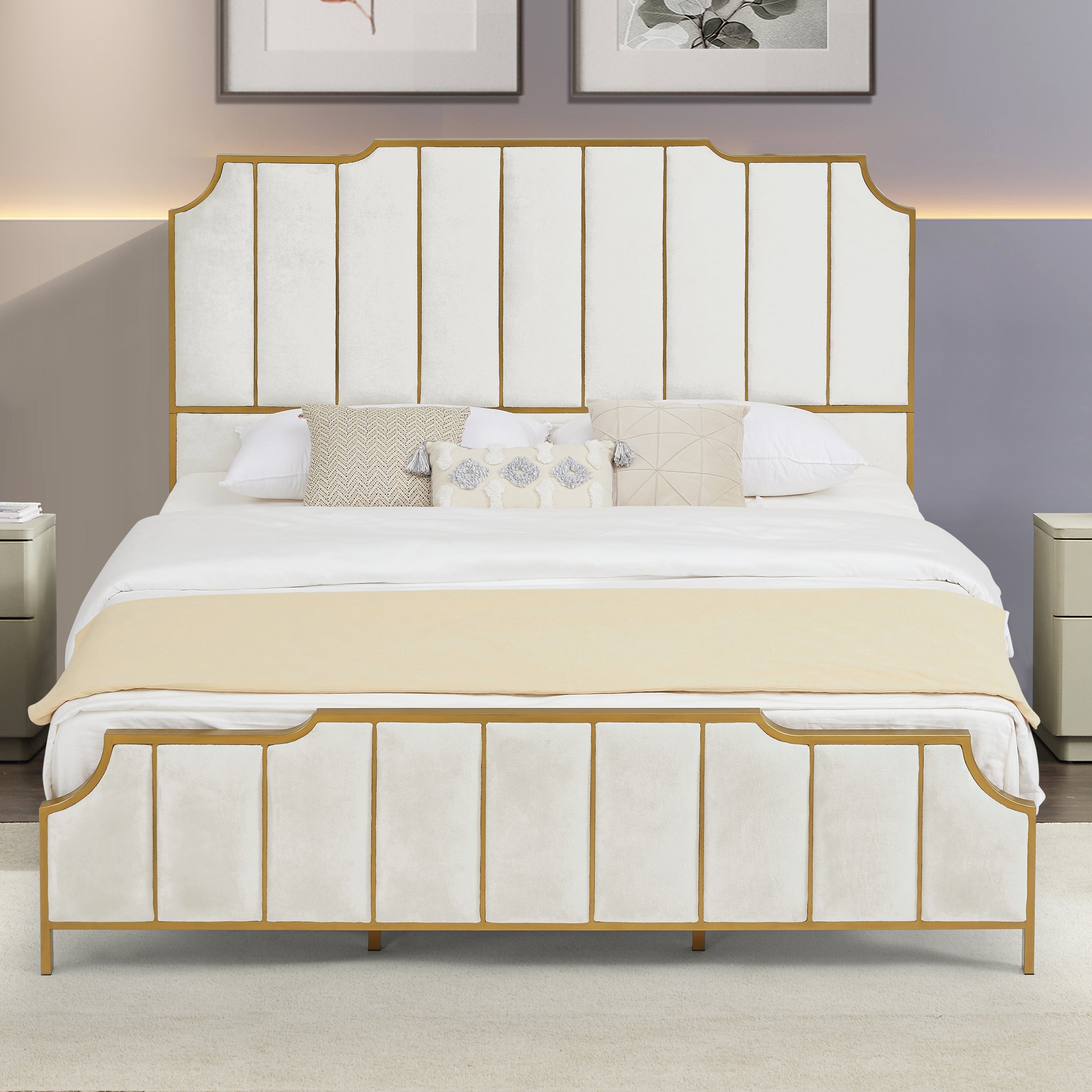 King Size Bed Frame,Upholstered Platform Bed & High Headboard With Wood Slat Support,No Box Spring Needed,Easy Assembly, Velvet White Box Spring Not Required King White Metal Bedroom Bed Frame Velvet Metal