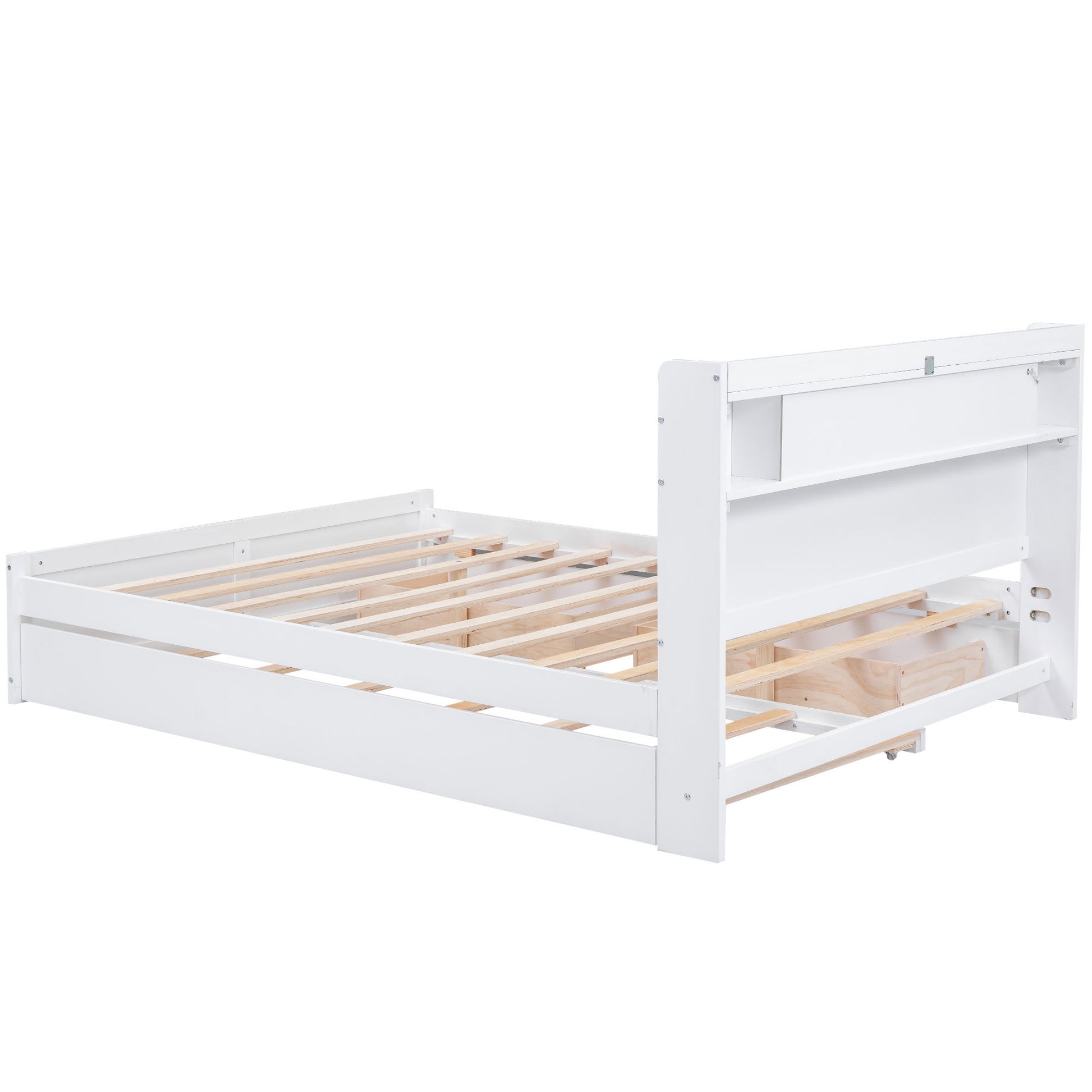 Queen Size Wood Storage Platform Bed With Led, 2 Drawers And 1 Twin Size Trundle, White Box Spring Not Required Queen White Wood Bedroom Bed Frame Solid Wood Mdf