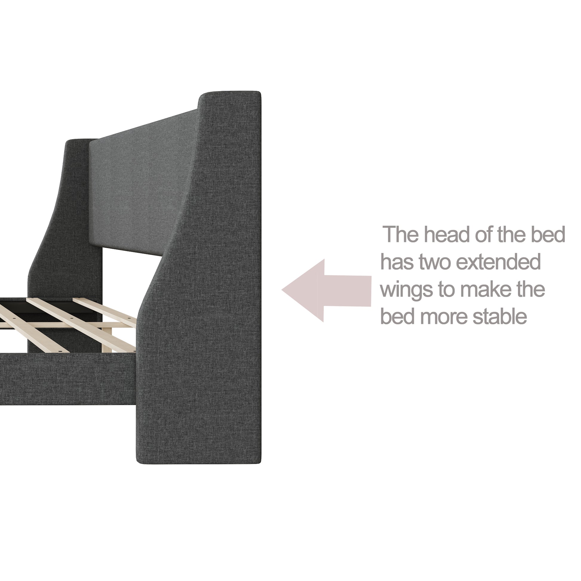 Queen Size Bed Frame Upholstered Bed Frame Platform ,Non Adjustable Headboard Linen Fabric Headboard Wooden Slats Support No Box Spring Needed Easy Assembly Mattress Foundation, Light Gray Queen Dark Gray Metal & Wood