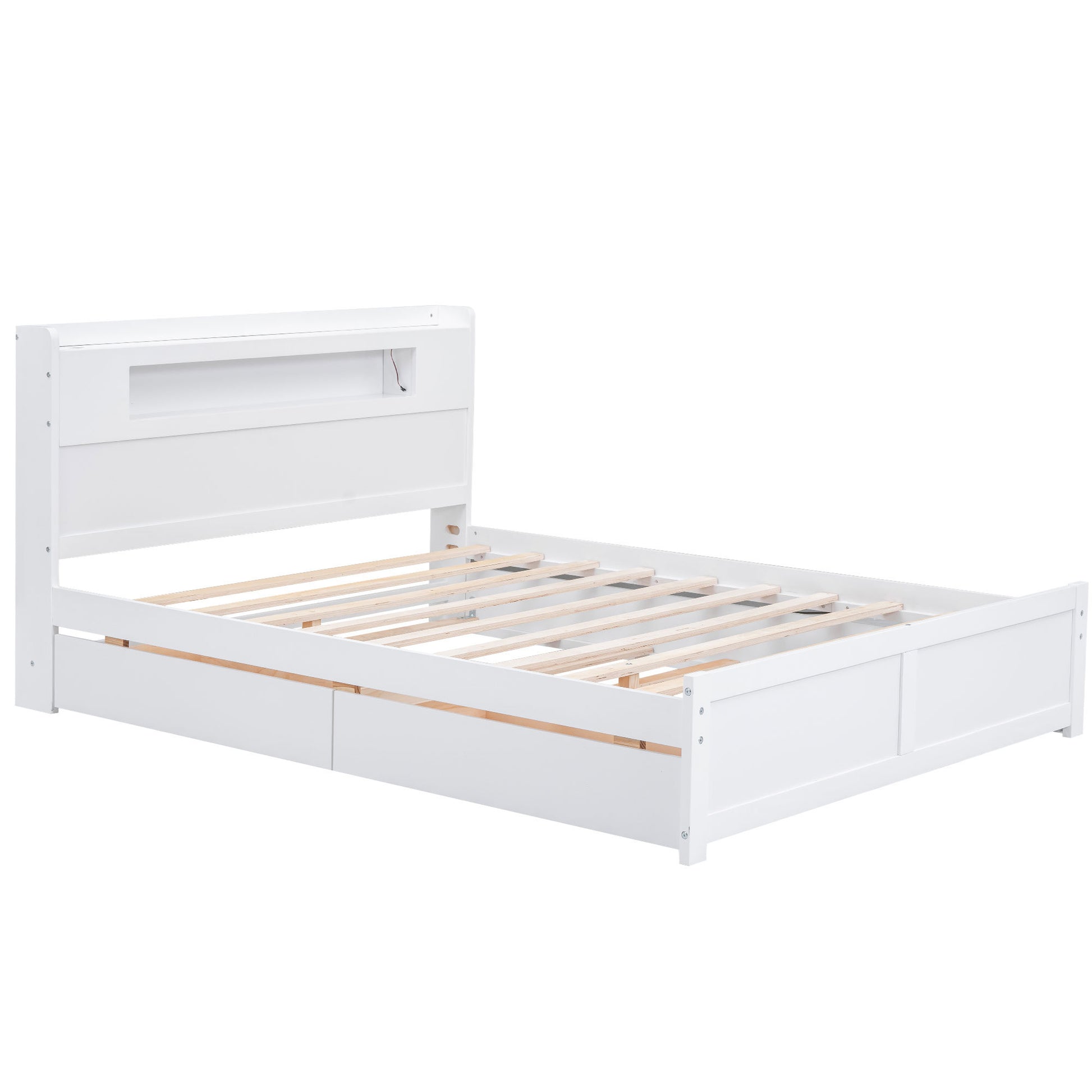 Queen Size Wood Storage Platform Bed With Led, 2 Drawers And 1 Twin Size Trundle, White Box Spring Not Required Queen White Wood Bedroom Bed Frame Solid Wood Mdf