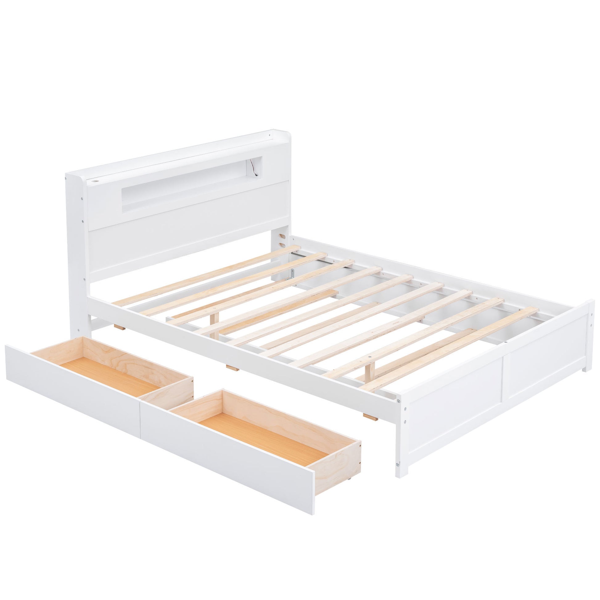 Queen Size Wood Storage Platform Bed With Led, 2 Drawers And 1 Twin Size Trundle, White Box Spring Not Required Queen White Wood Bedroom Bed Frame Solid Wood Mdf