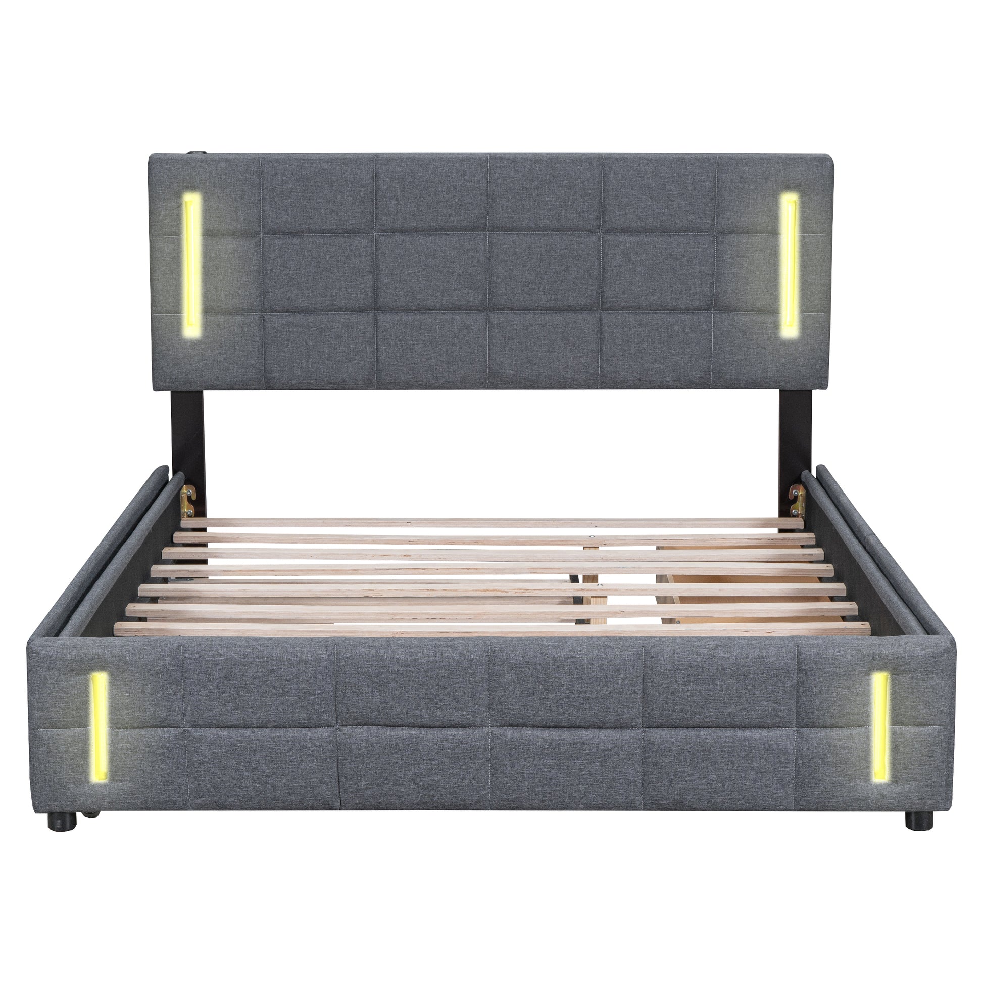 Queen Size Upholstered Platform Bed With Trundle And Drawers, Gray Queen Gray Upholstered