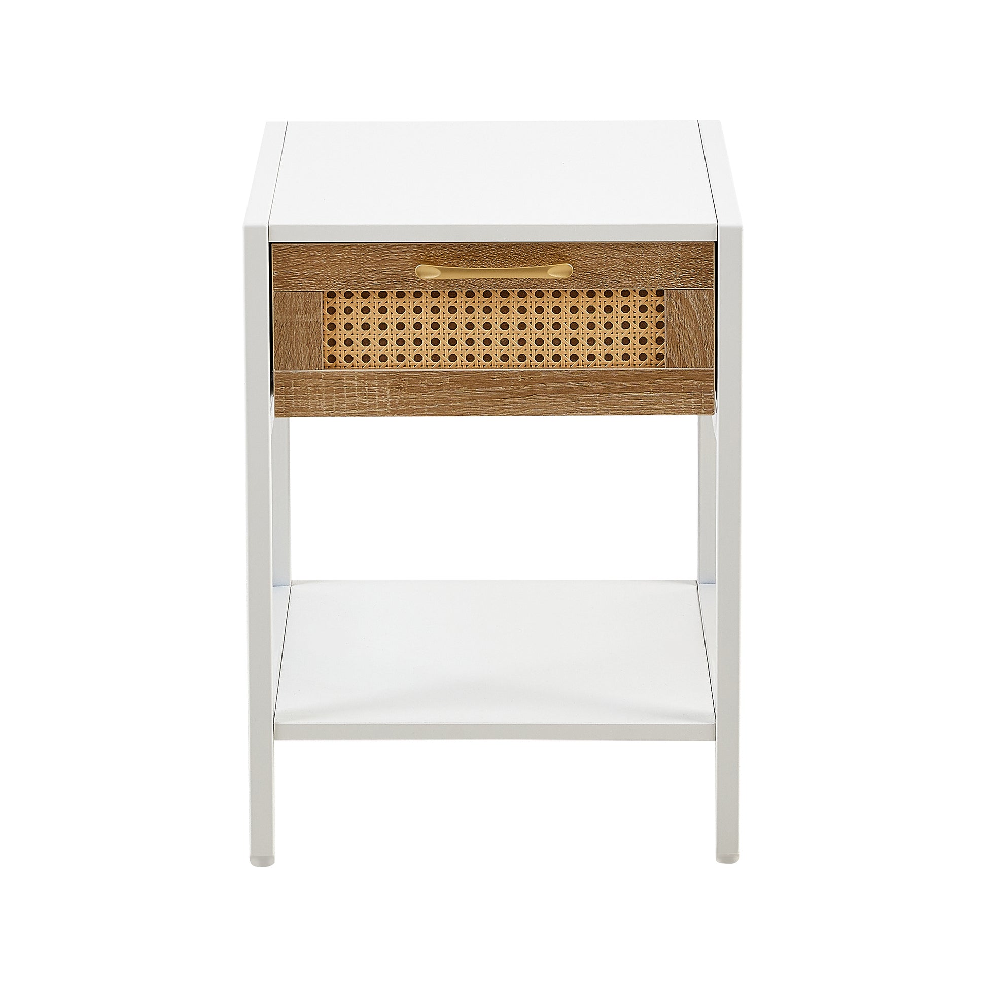 15.74" Rattan End Table With Drawer, Modern Nightstand, Metal Legs,Side Table For Living Room, Bedroom,White 1 Pc White Mdf Metal