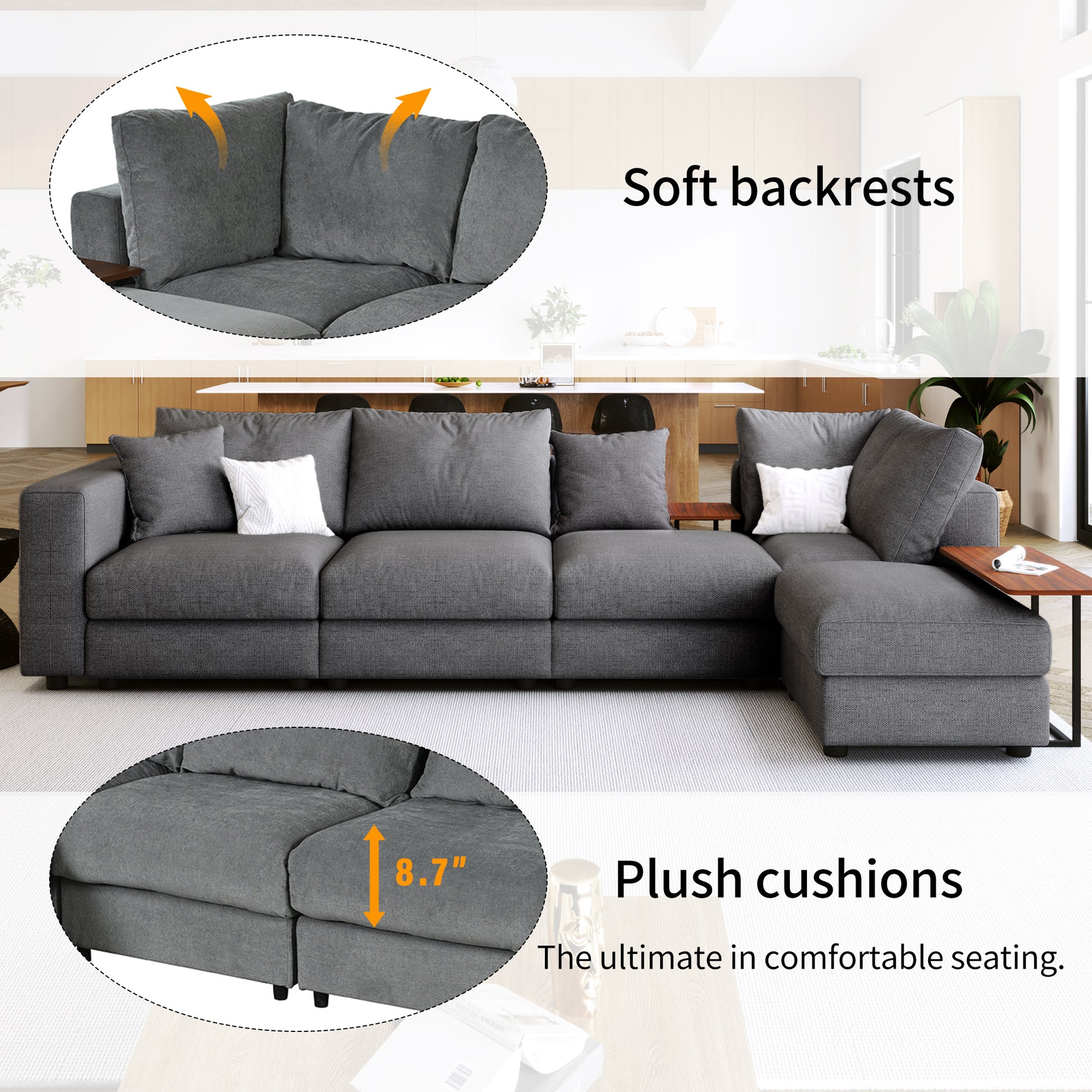 Modern Large L Shape Sectional Sofa For Living Room, 2 Pillows And 2 End Tables Dark Gray Polyester Primary Living Space Pillow Back American Design Polyester 5 Seat