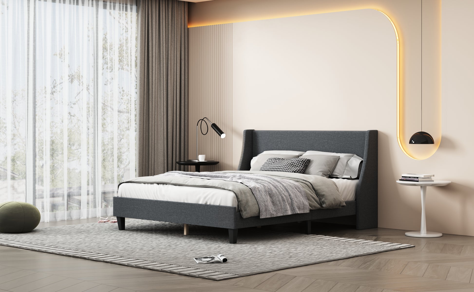 Queen Size Bed Frame Upholstered Bed Frame Platform ,Non Adjustable Headboard Linen Fabric Headboard Wooden Slats Support No Box Spring Needed Easy Assembly Mattress Foundation, Light Gray Queen Dark Gray Metal & Wood