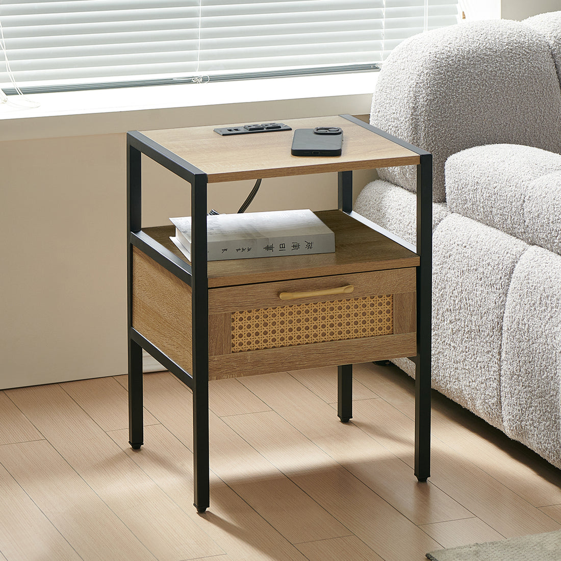 15.75" Rattan End Table With Power Outlet & Usb Portsmodern Nightstand With Drawer And Metal Legs, Side Table For Living Room, Bedroom,Natural 1 Pc Natural Mdf Metal