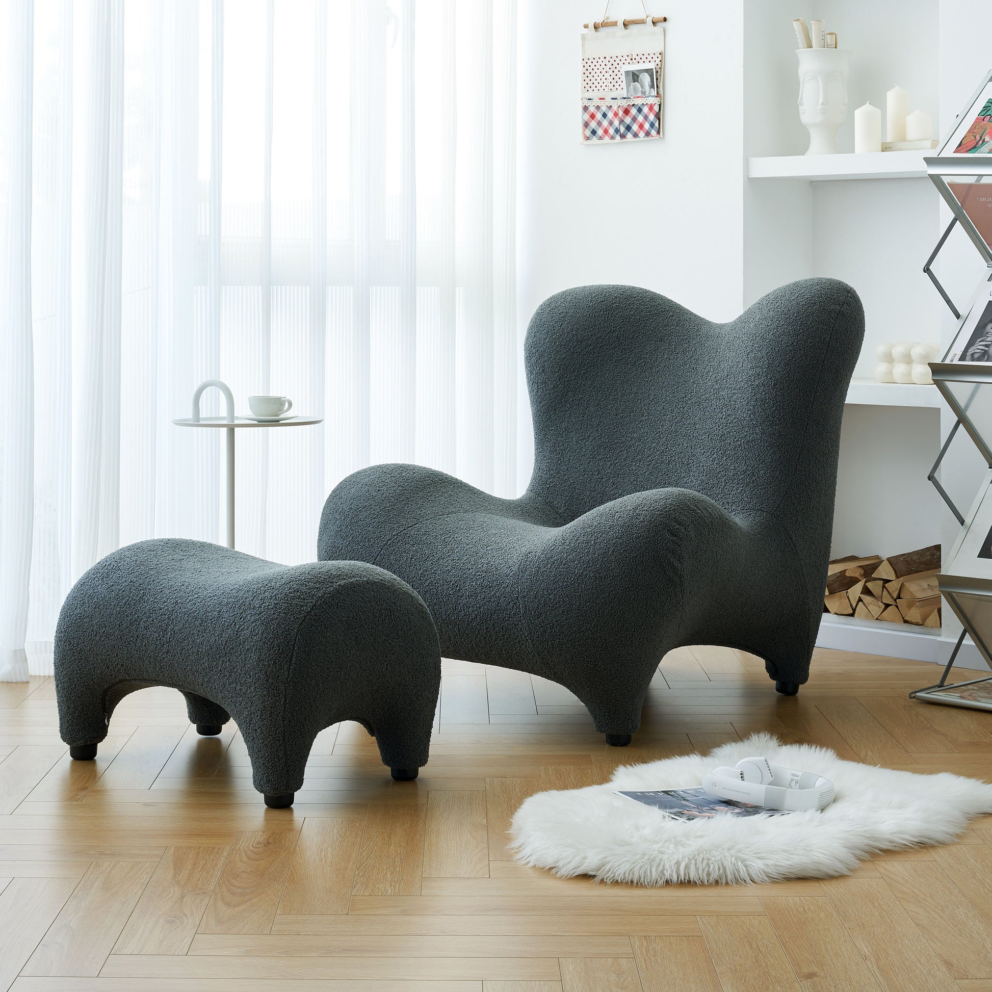 Modern Accent Chair And Ottoman Set, High Back Sherpa Blouce Fabric Armchair With Footstool For Living Room, Lounge, Bedroom, Reading Room, Office Gray Foam