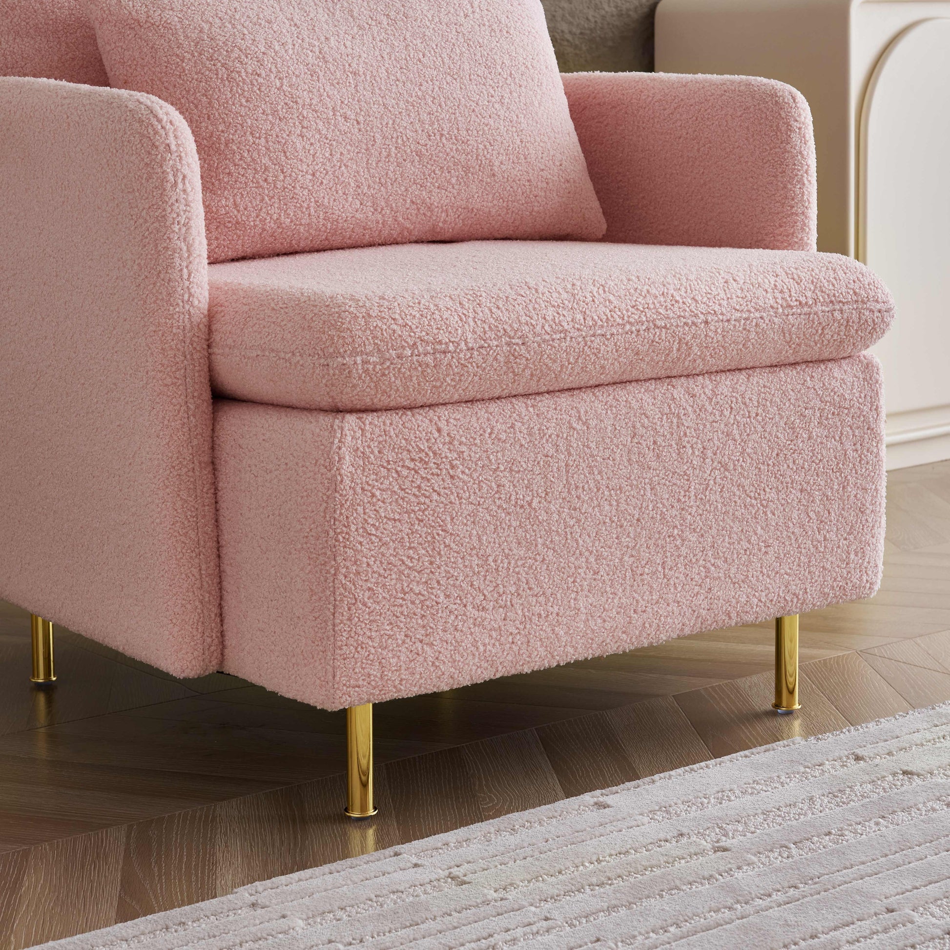 Modern Accent Chair, Sherpa Upholstered Cozy Comfy Armchair, Furry Reading Chair With Slim Armrest, Fuzzy Single Club Sofa Chairs For Living Room Bedroom Waiting Room Office Ivory Pink Foam Solid Wood