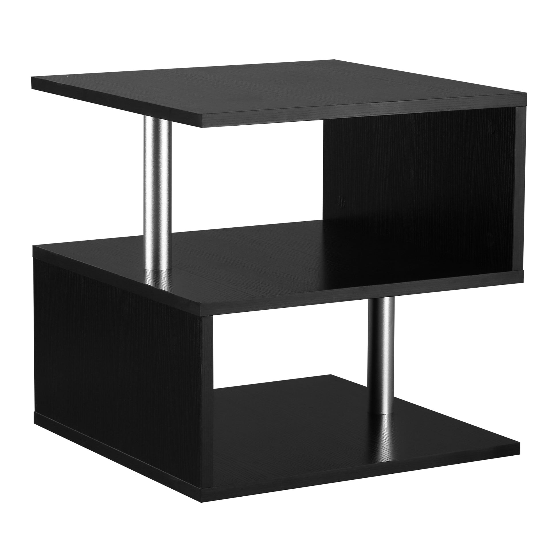 20" Modern End Table, Accent Side Table, S Shaped Coffee Table With Storage Shelf And Steel Poles, Black Black Particle Board