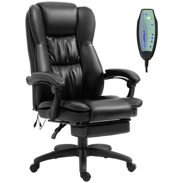High Back Massage Office Chair With 6 Point Vibration, 5 Modes, Executive Chair, Pu Leather Swivel Chair With Reclining Back, And Retractable Footrest, Black Black Pu