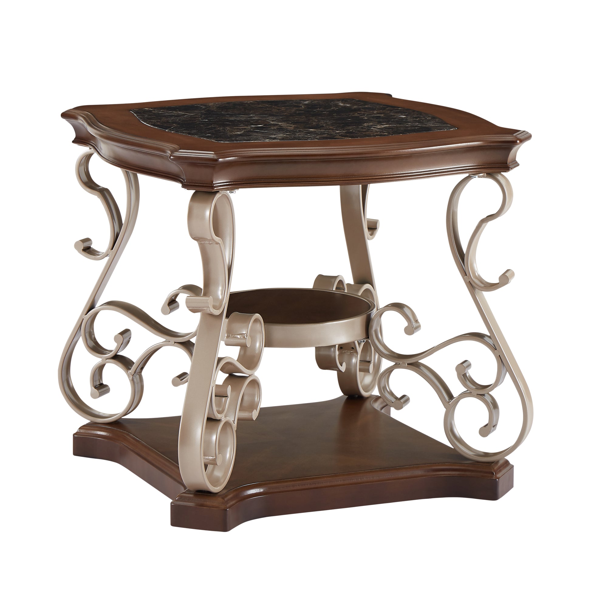 End Table, Marble Paper Top, Mdf With Brich Middle Shelf, Powder Coat Finish Metal Legs. 26.2"Lx26.2"Wx24"H Brown Lockable Drawer Or Cabinet Z Shape Dining Room Birch Champagne Desk Top Floor Mount Square Shelves Coffee & End Tables Glossy Mdf Pedestal