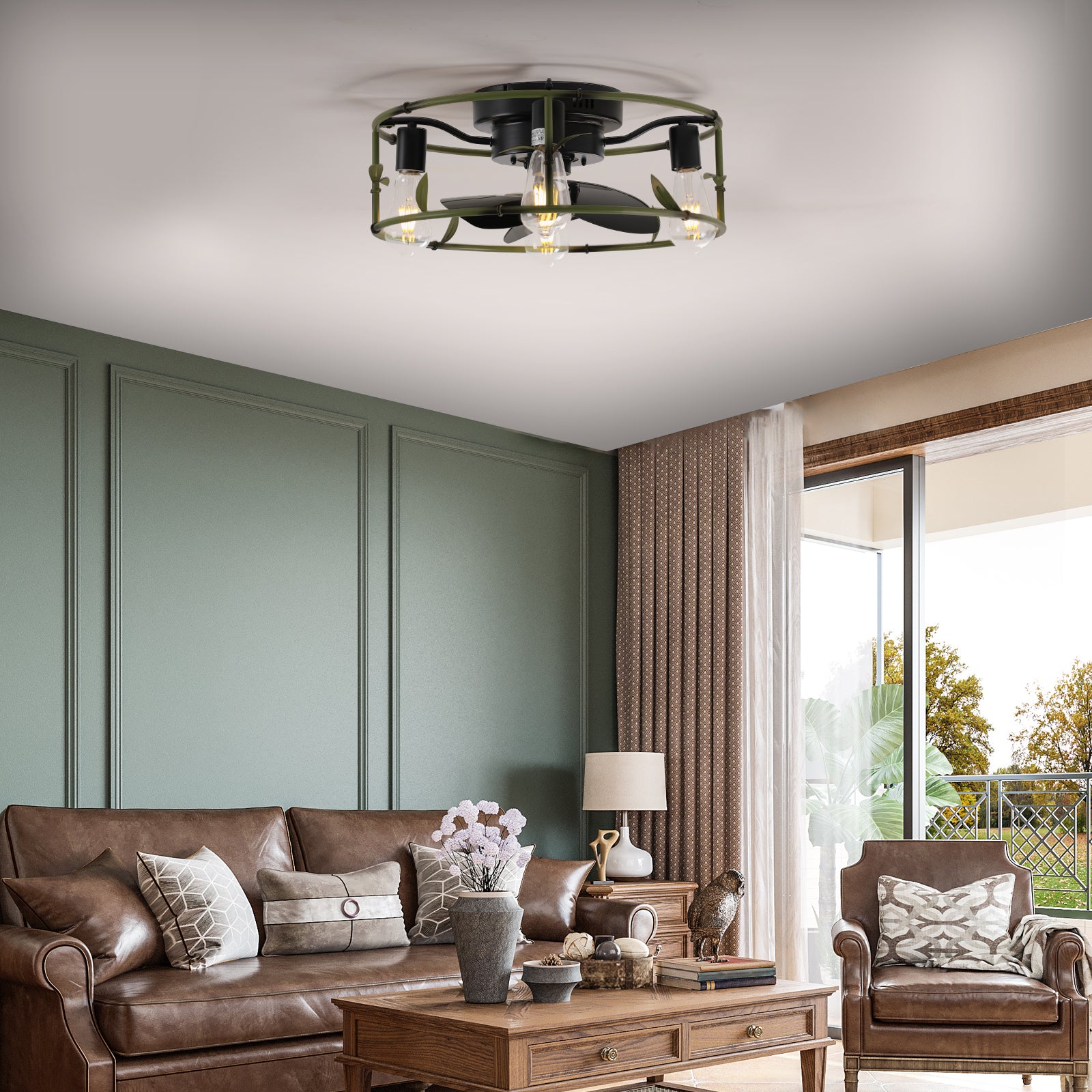 Flush Mount Ceiling Fans With Lights And Remote Control Green Caged Low Profile Ceiling Fan Modern Metal Ceiling Fanfor Farmhouse Dining Room Bedroom Kitchen Living Room Green Modern Iron