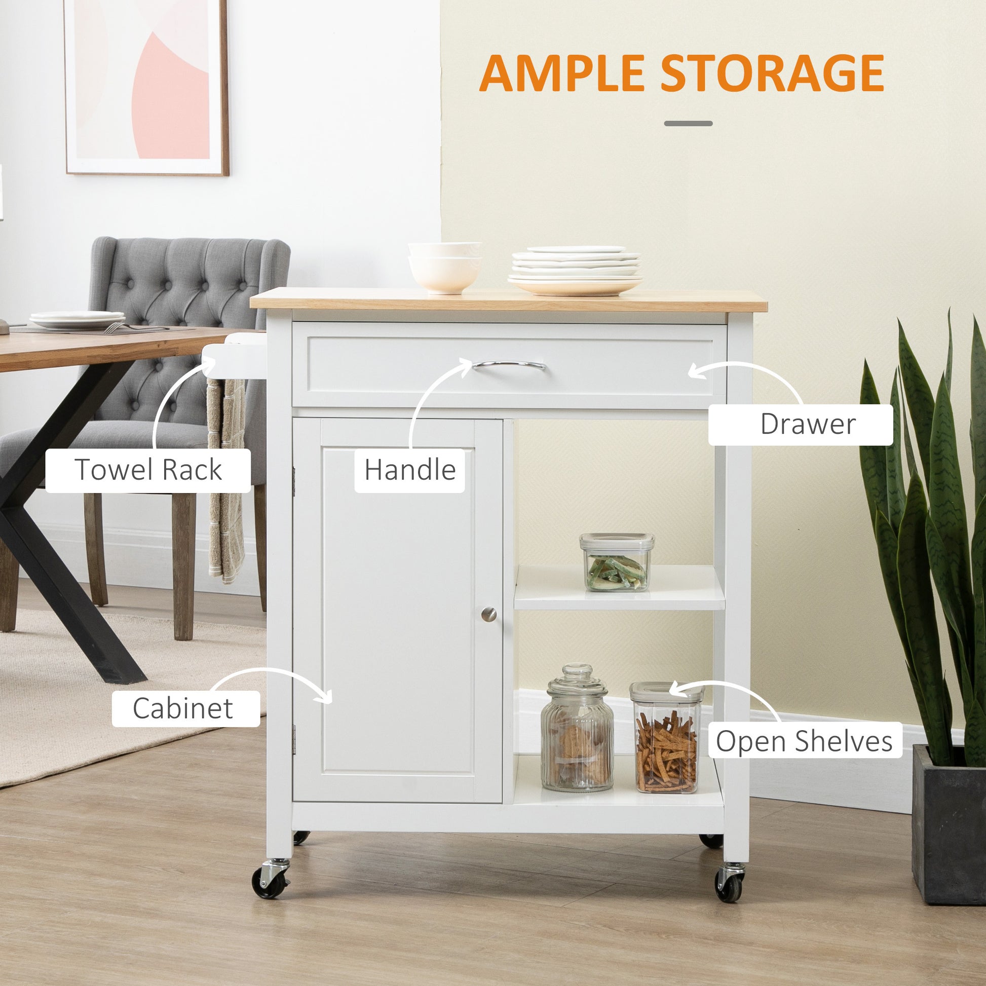 Kitchen Island Cart, Rolling Kitchen Island With Storage, Solid Wood Top, Drawer, For Dining Room, White White Mdf
