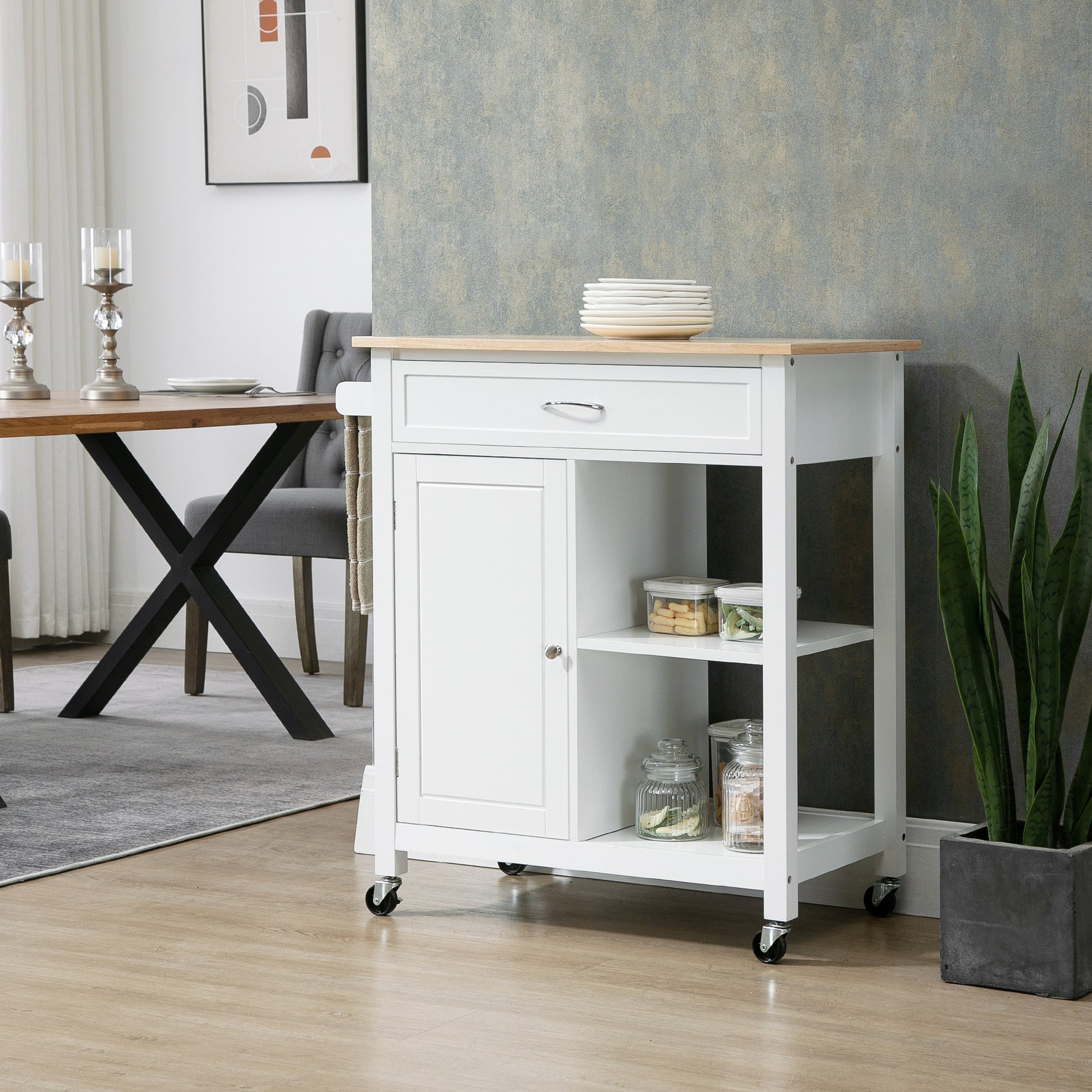 Kitchen Island Cart, Rolling Kitchen Island With Storage, Solid Wood Top, Drawer, For Dining Room, White White Mdf