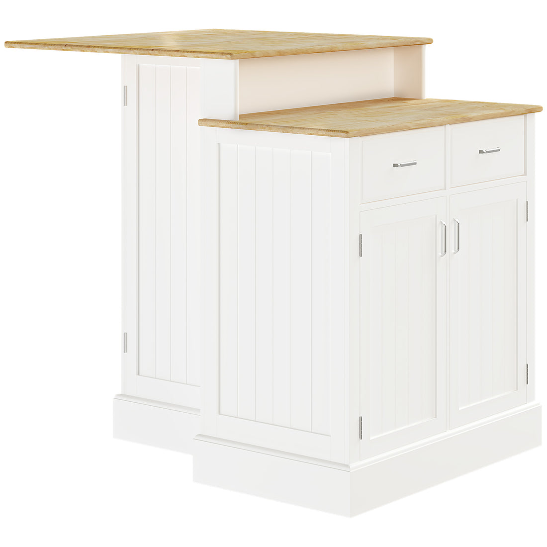 Kitchen Island With Storage Cabinet And 2 Level Rubber Wood Tabletop, Island Table With Adjustable Shelves And Drawers, White White Engineered Wood