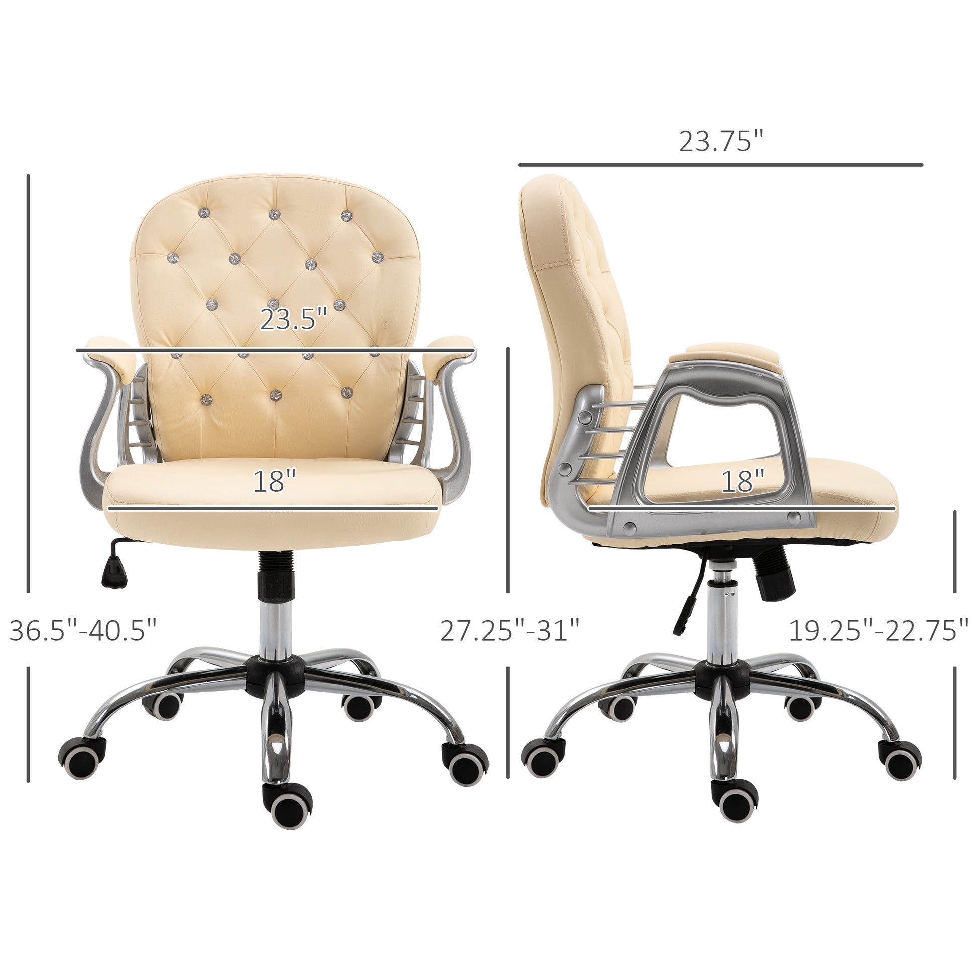 Pu Leather Home Office Chair, Button Tufted Desk Chair With Padded Armrests, Adjustable Height And Swivel Wheels, Beige Beige Plastic