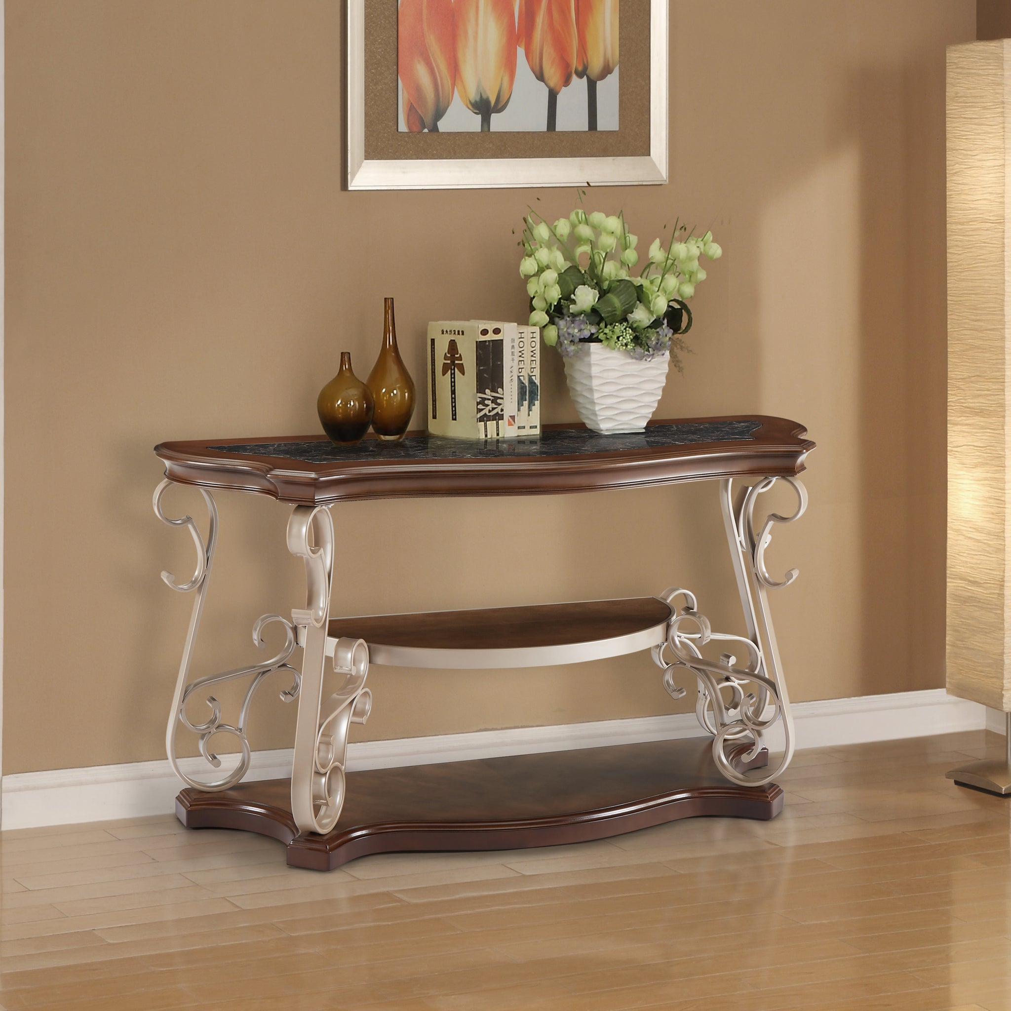 Sofa Table, Marble Paper Top, Mdf With Birch Middle Shelfpowder Coat Finish Metal Legs. 54"Lx20"Wx30"H Champagne Brown Desk Top Triangular Bedroom Floor Mount Birch L Shape Open Storage Coffee & End Tables Glossy Mdf Pedestal