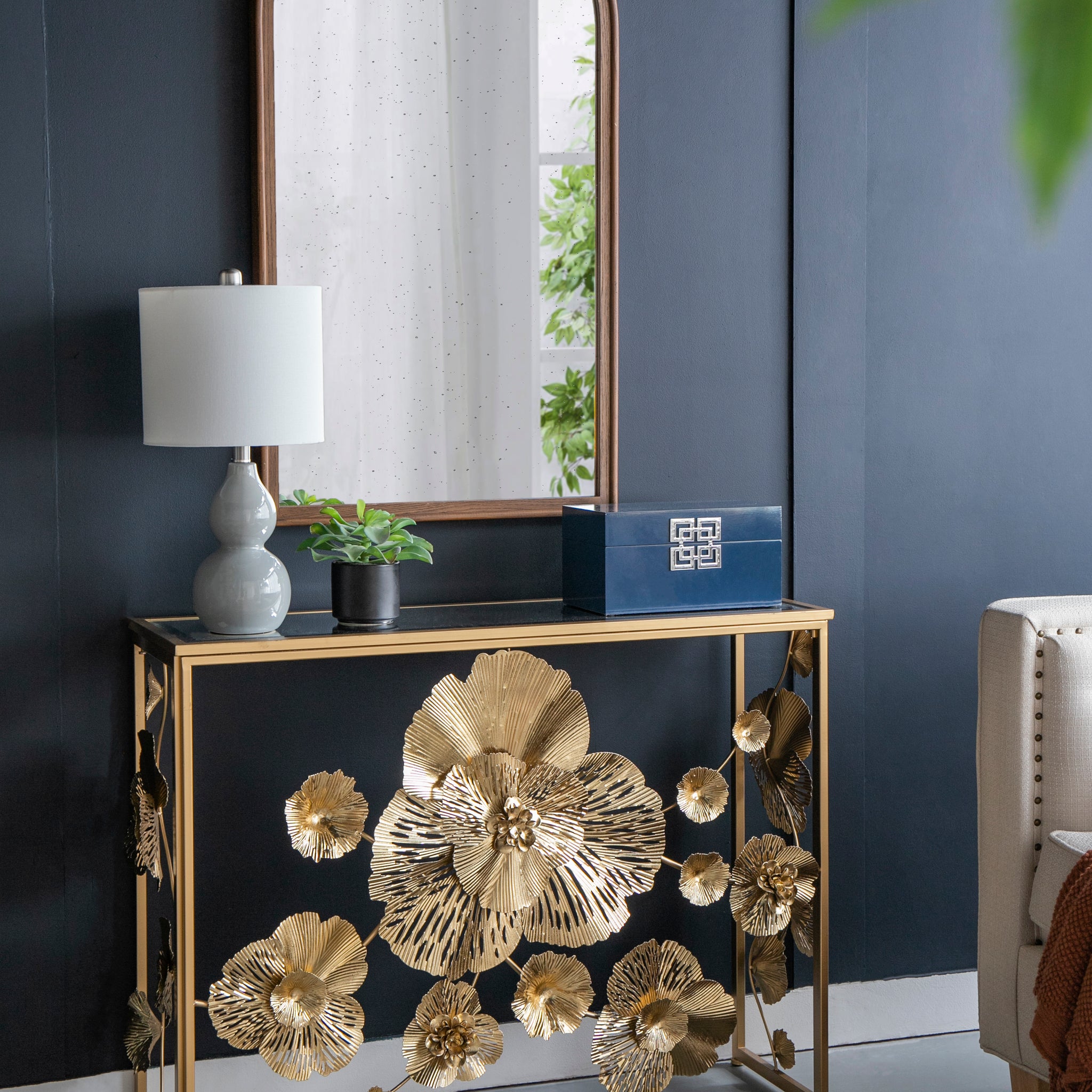 39.5" X 12" X 30.5" Gold Console Table With Mirrored Glass Top, Modern Entryway Table For Living Room Foyer Entryway Gold Iron