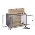 Furniture Style Dog Crate Side Table With Rotatable Feeding Bowl, Wheels, Three Doors, Flip Up Top Opening. Indoor, Grey, 38.58