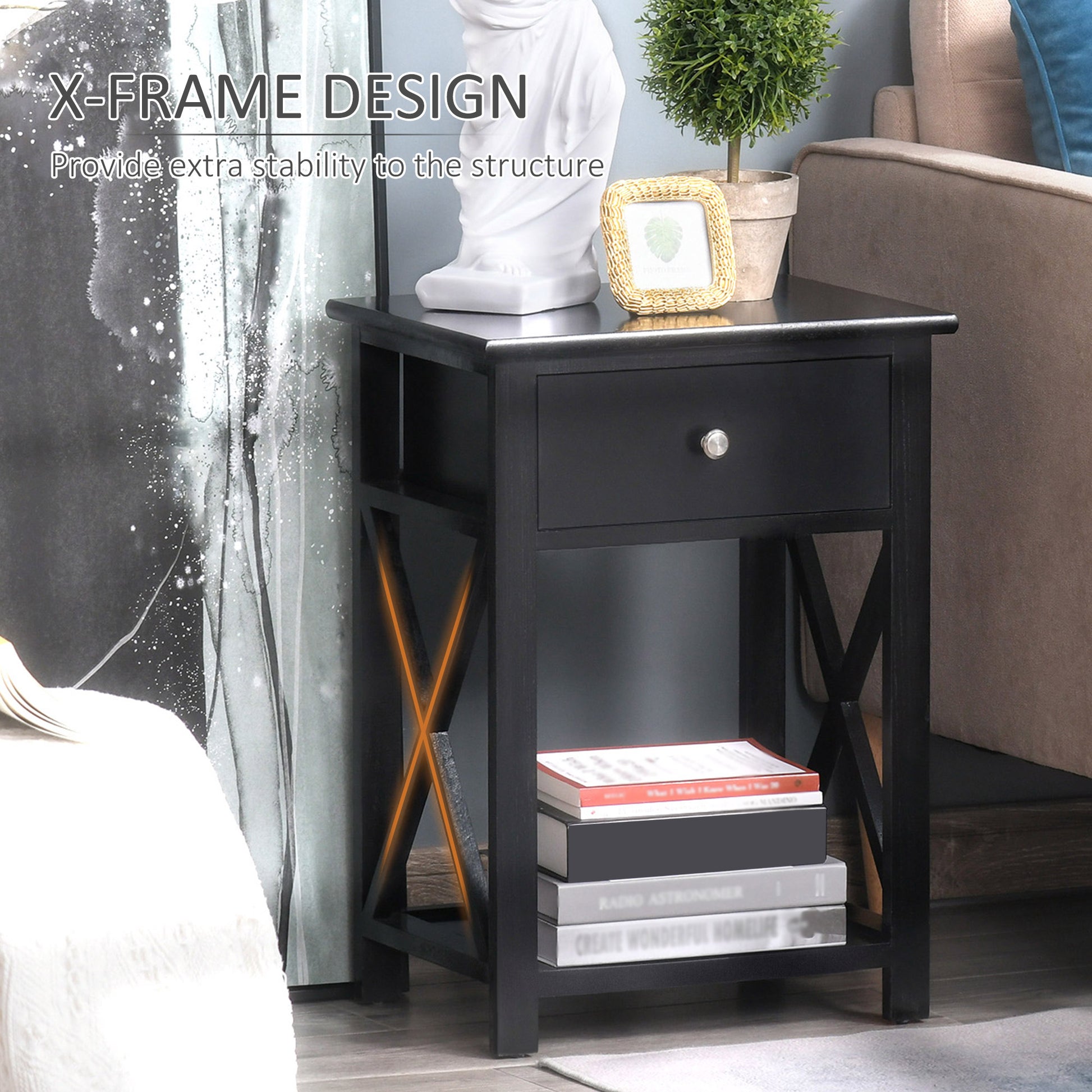 Side Table, Farmhouse End Table With Storage Drawer, Open Shelf And X Frame, Bedside Table For Living Room, Black Black Engineered Wood
