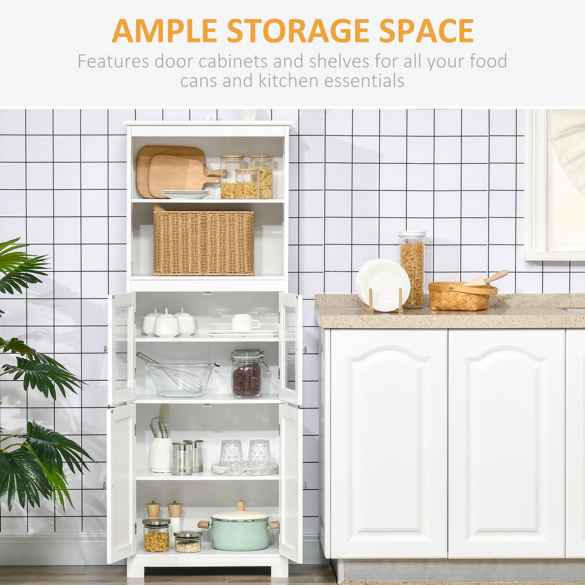 63" Small Buffet With Hutch, 4 Door Kitchen Pantry, Freestanding Storage Cabinet With Adjustable Shelf For Dining Room, Living Room, White White Mdf