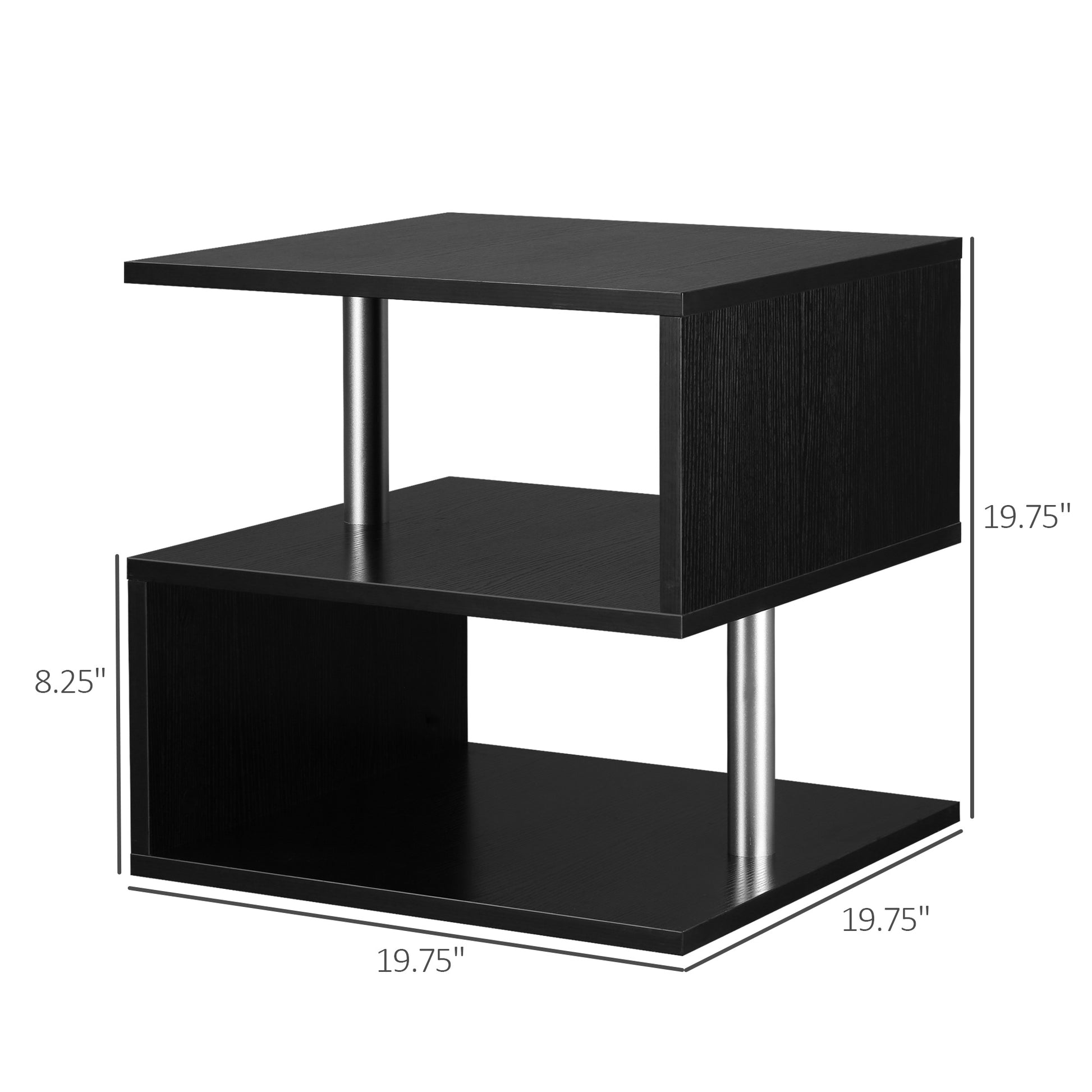 20" Modern End Table, Accent Side Table, S Shaped Coffee Table With Storage Shelf And Steel Poles, Black Black Particle Board