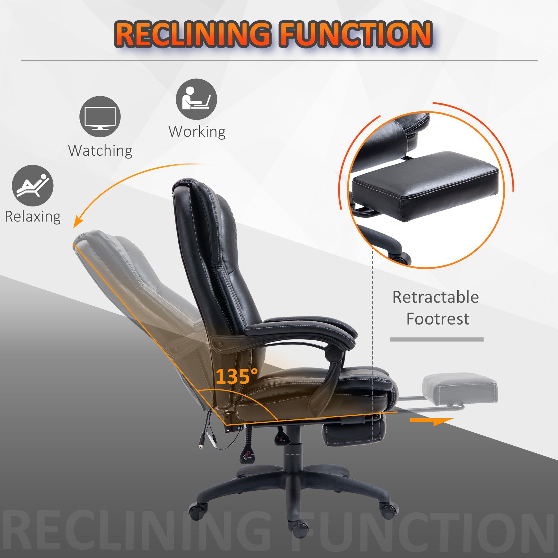 High Back Massage Office Chair With 6 Point Vibration, 5 Modes, Executive Chair, Pu Leather Swivel Chair With Reclining Back, And Retractable Footrest, Black Black Pu