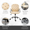 Pu Leather Home Office Chair, Button Tufted Desk Chair With Padded Armrests, Adjustable Height And Swivel Wheels, Beige Beige Plastic