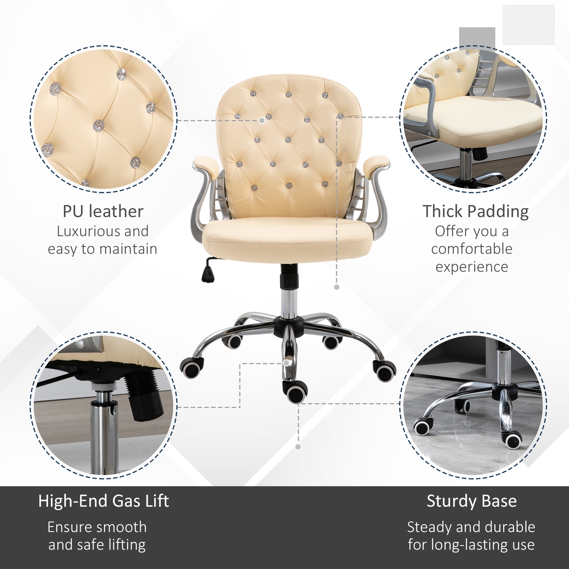 Pu Leather Home Office Chair, Button Tufted Desk Chair With Padded Armrests, Adjustable Height And Swivel Wheels, Beige Beige Plastic