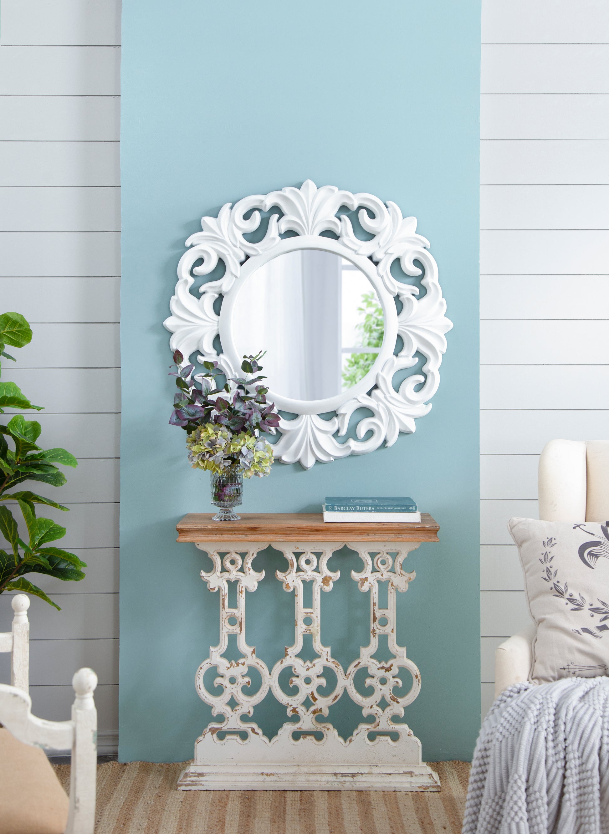 32" X 12" X 32" Classic Vintage White Wash Console Table With Brown Wood Top Brown Antique White Wood