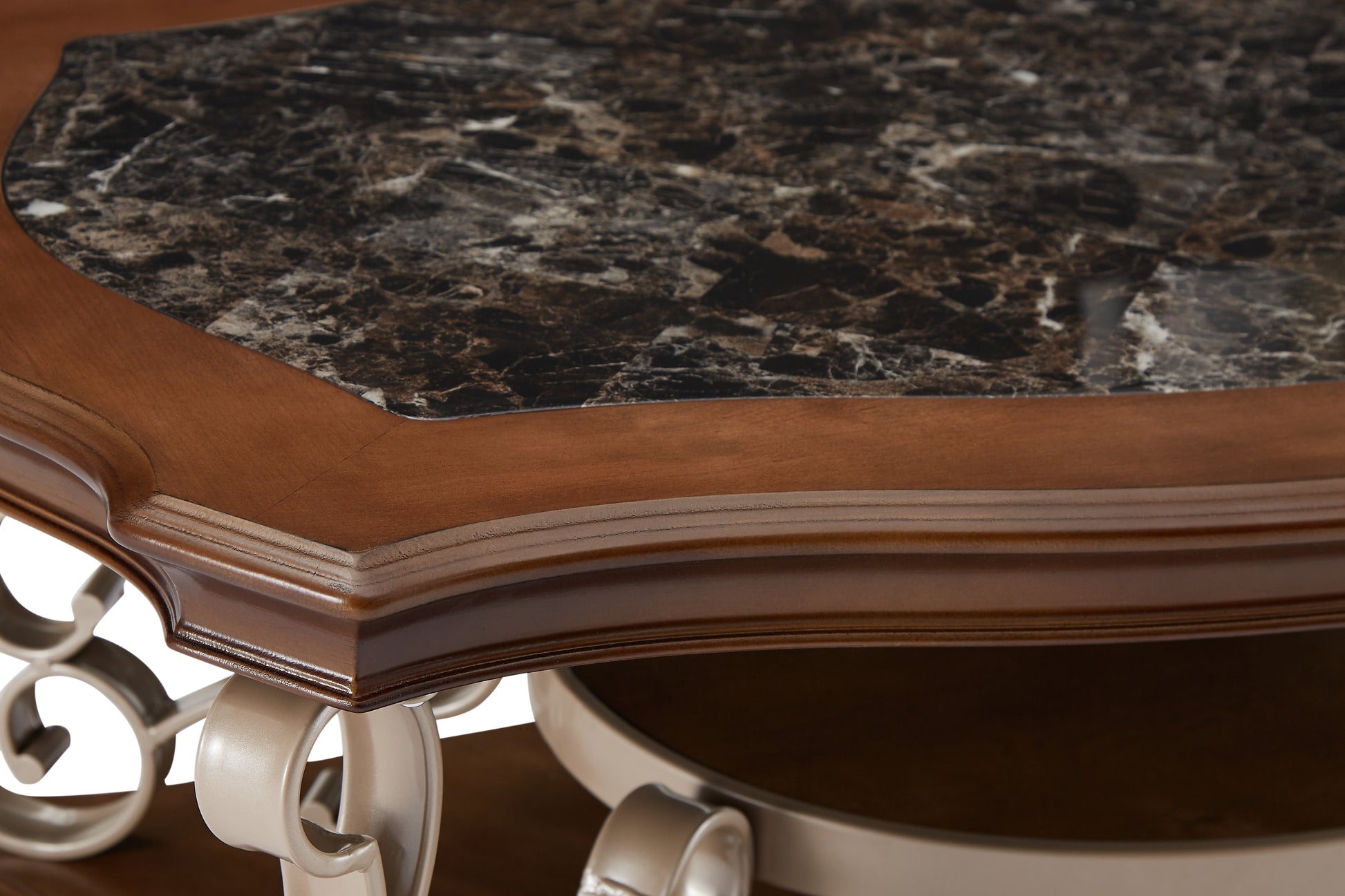 Cocktail Table, Marble Paper Top, Mdf With Birch Veneer Middle Shelf And Bottompowder Coat Finish Metal Legs. 52"Lx32"Wx20 "H Champagne Brown Dining Room American Design Birch Coffee & End Tables Mdf