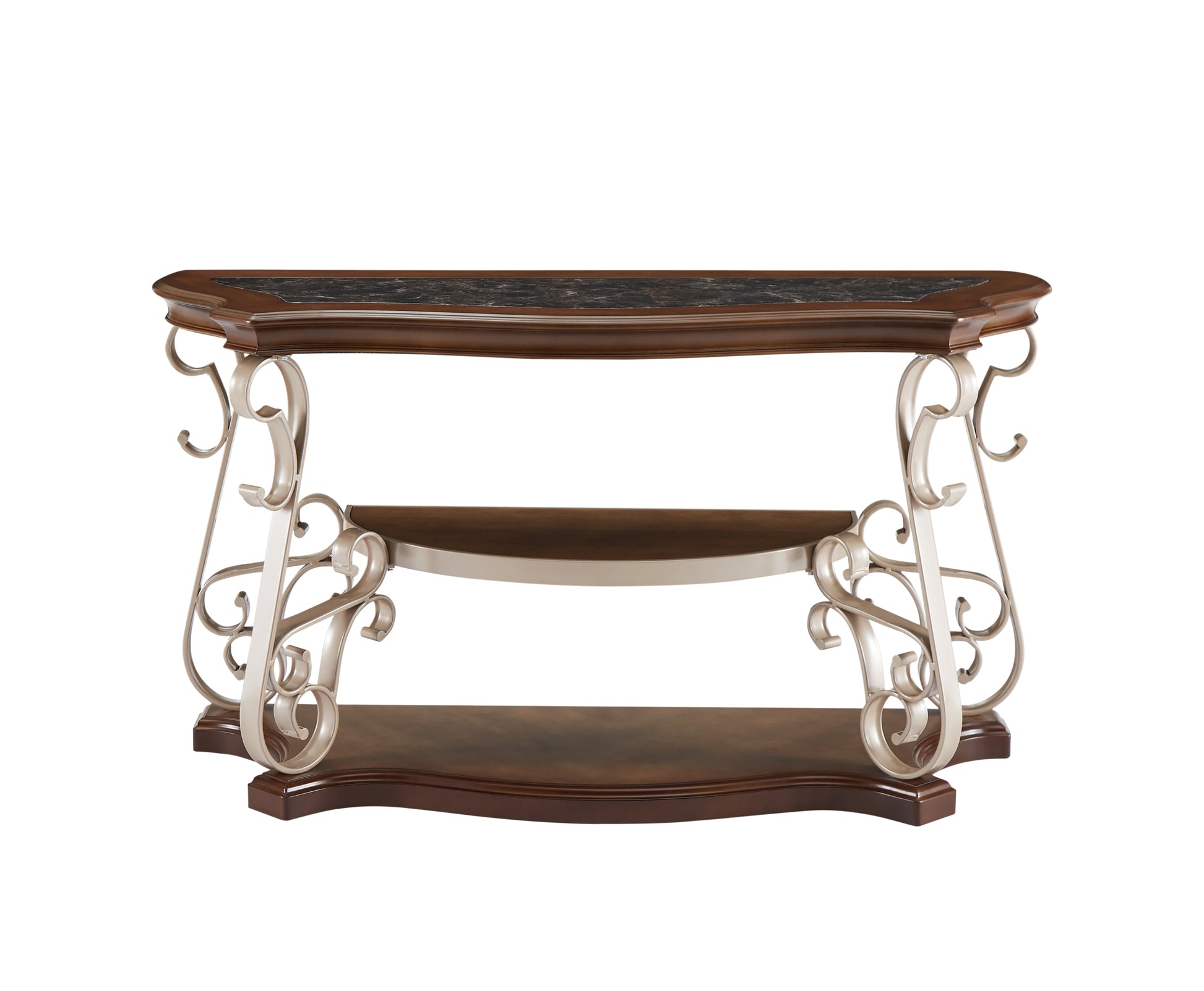 Sofa Table, Marble Paper Top, Mdf With Birch Middle Shelfpowder Coat Finish Metal Legs. 54"Lx20"Wx30"H Champagne Brown Desk Top Triangular Bedroom Floor Mount Birch L Shape Open Storage Coffee & End Tables Glossy Mdf Pedestal