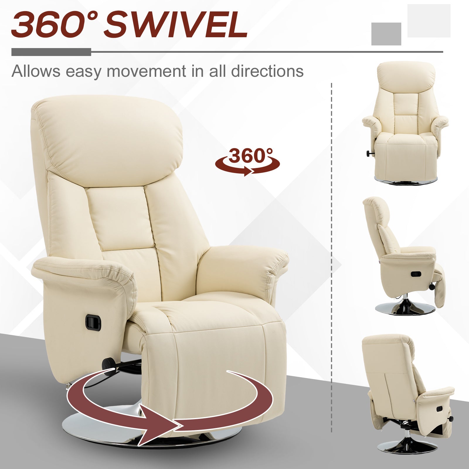 Manual Recliner Chair For Adults, Adjustable Swivel Recliner With Footrest, Padded Arms, Pu Leather Upholstery And Steel Base For Living Room, Cream White Cream White Pu Leather