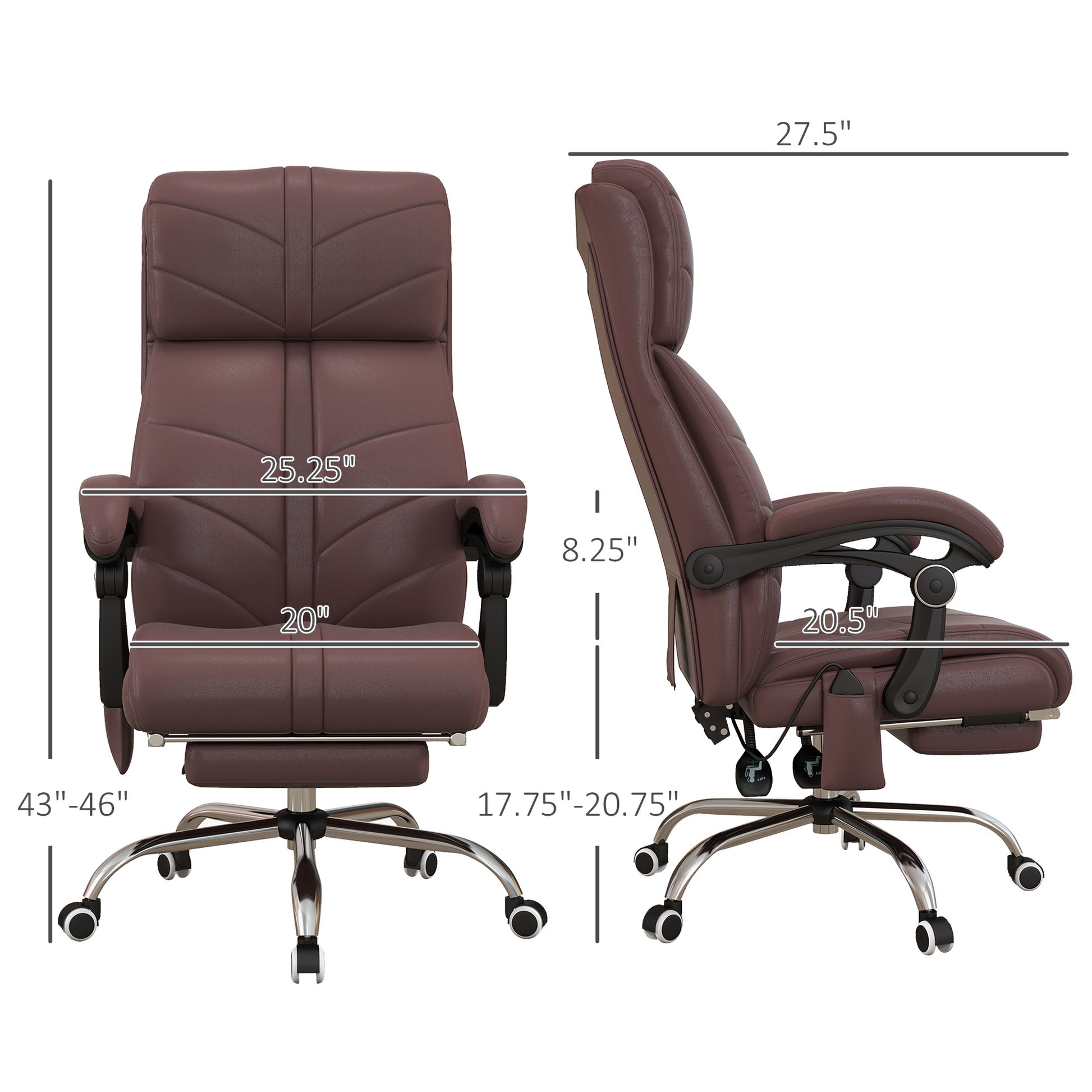Executive Massage Office Chair With 4 Vibration, Computer Desk Chair, Pu Leather Heated Reclining Chair With Adjustable Height, Swivel Wheels, Brown Brown Pu Leather