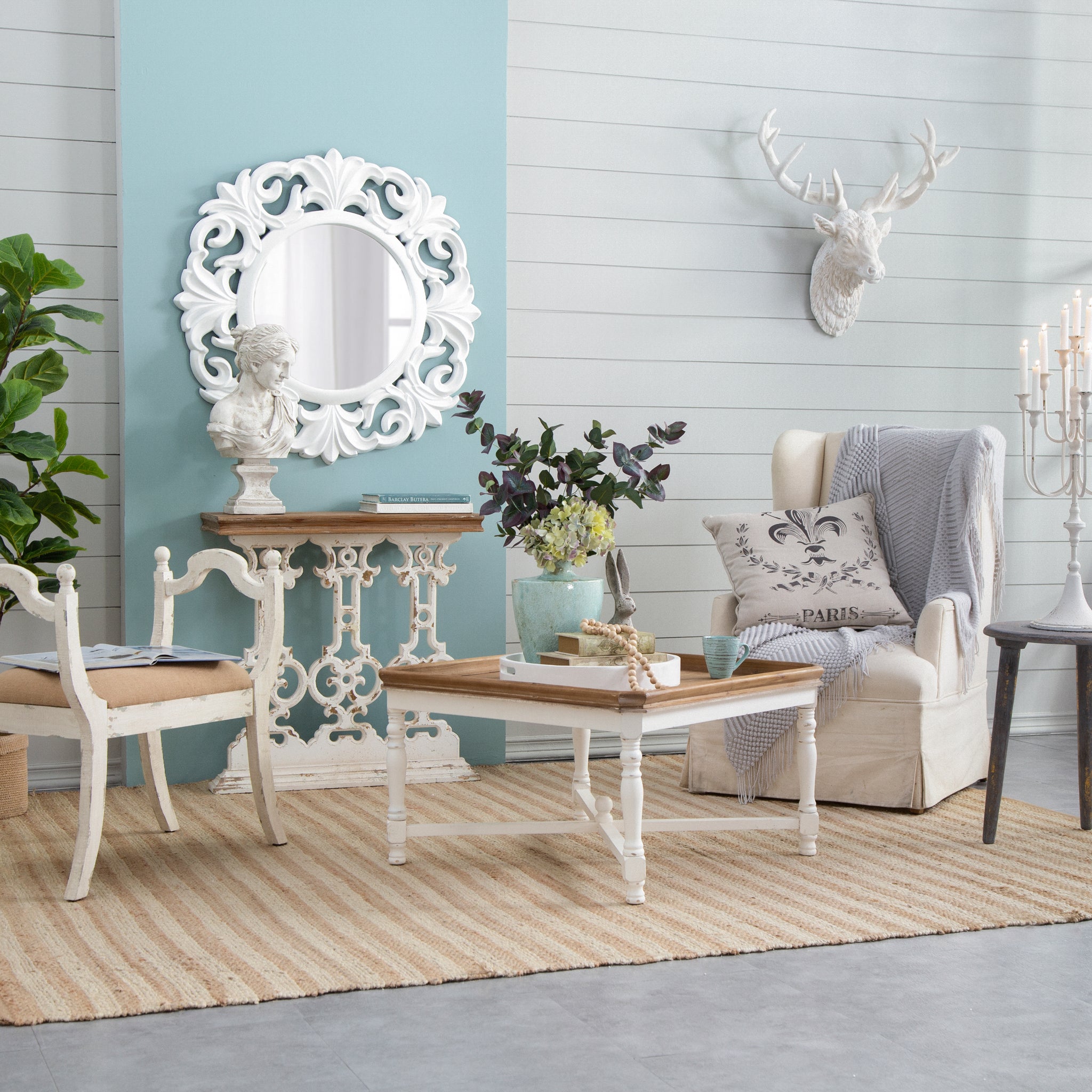 32" X 12" X 32" Classic Vintage White Wash Console Table With Brown Wood Top Brown Antique White Wood
