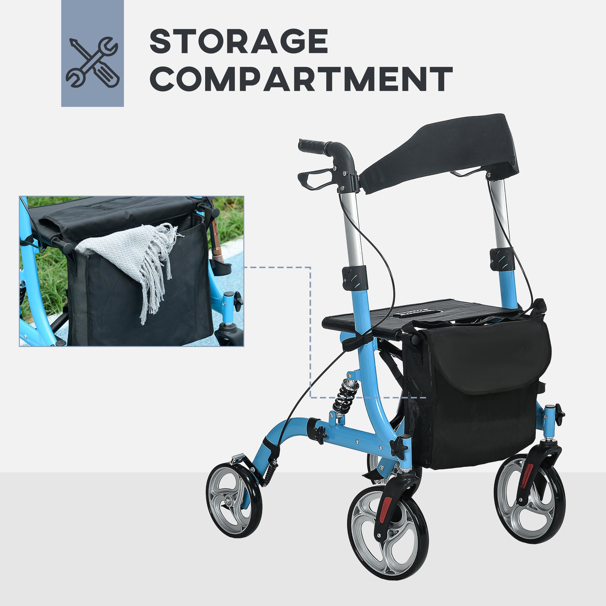 Rollator Walker With Seat And Backrest, Height Adjustable Aluminum Rolling Walker With 10'' Front Wheels, Storage Bag, Lightweight Mobility Walking Aid For Seniors, Adults, 300Lb Capacity, Blue Light Blue Aluminium